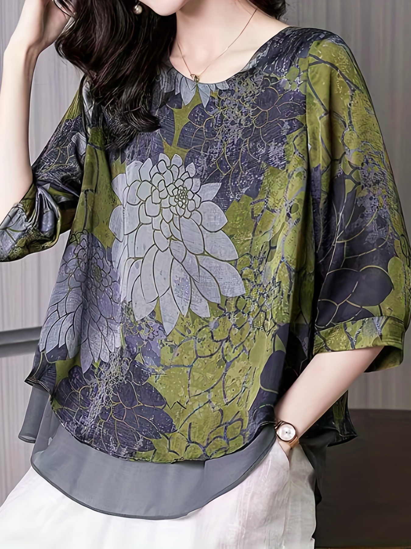 floral print layered blouse vintage crew neck 3 4 sleeve blouse womens clothing details 4