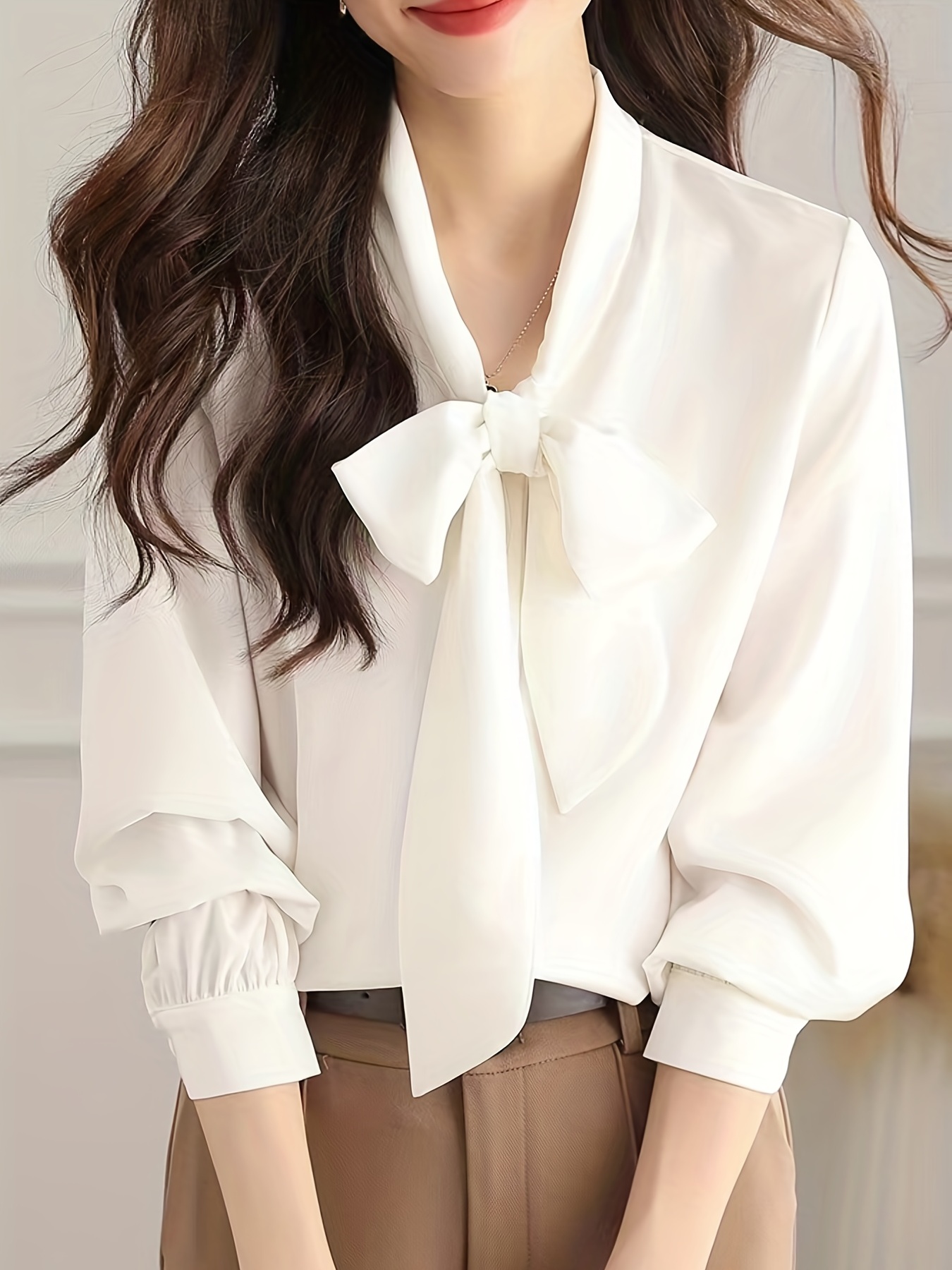 bow front solid blouse elegant long sleeve blouse for spring fall womens clothing details 15