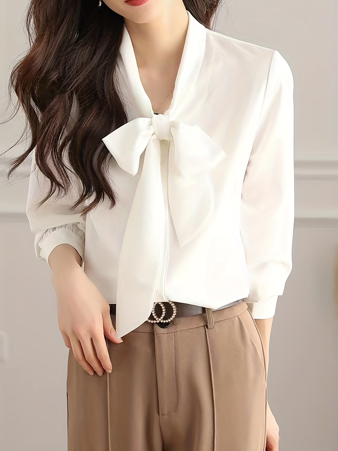 bow front solid blouse elegant long sleeve blouse for spring fall womens clothing details 17