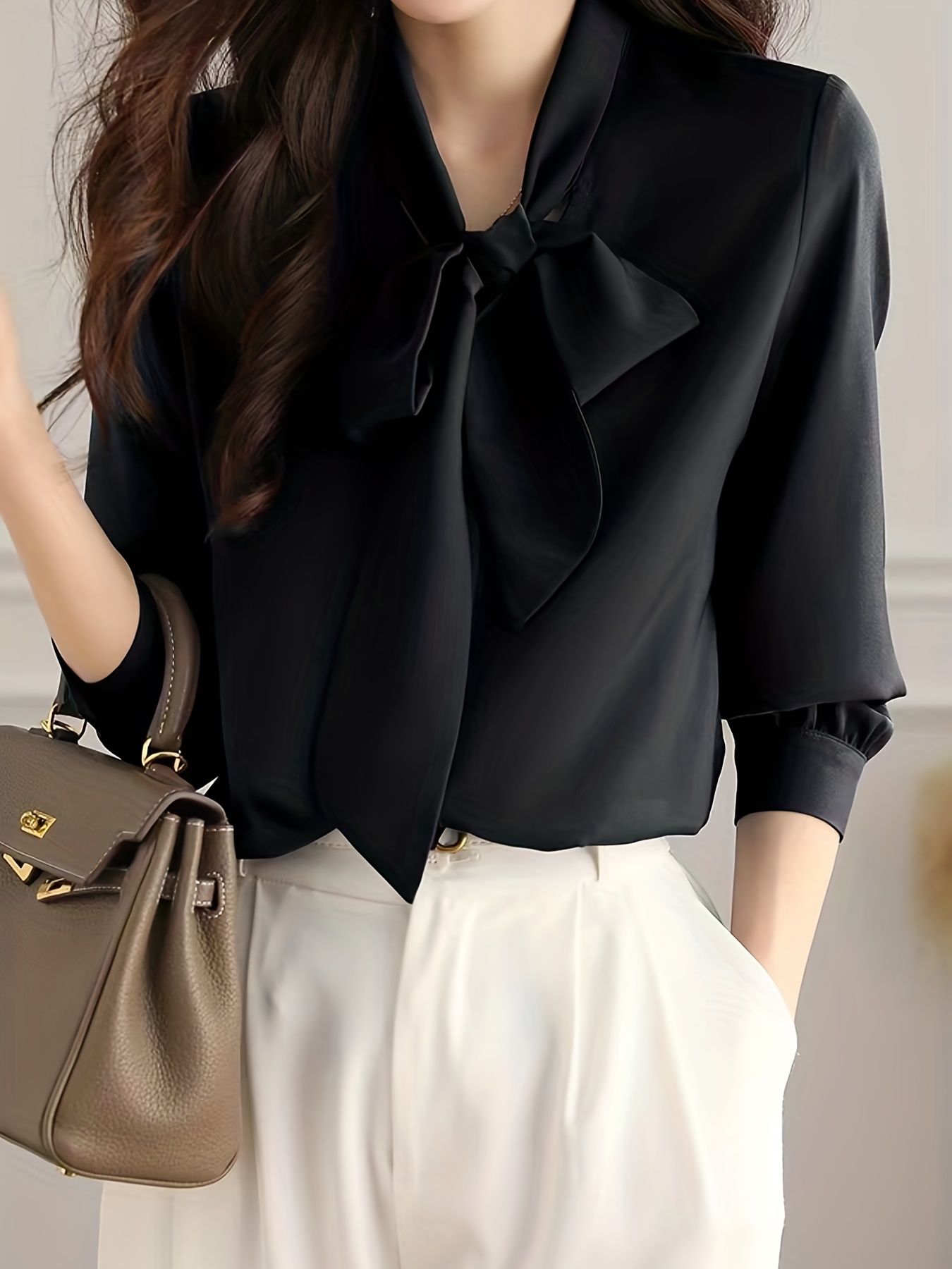 bow front solid blouse elegant long sleeve blouse for spring fall womens clothing details 20