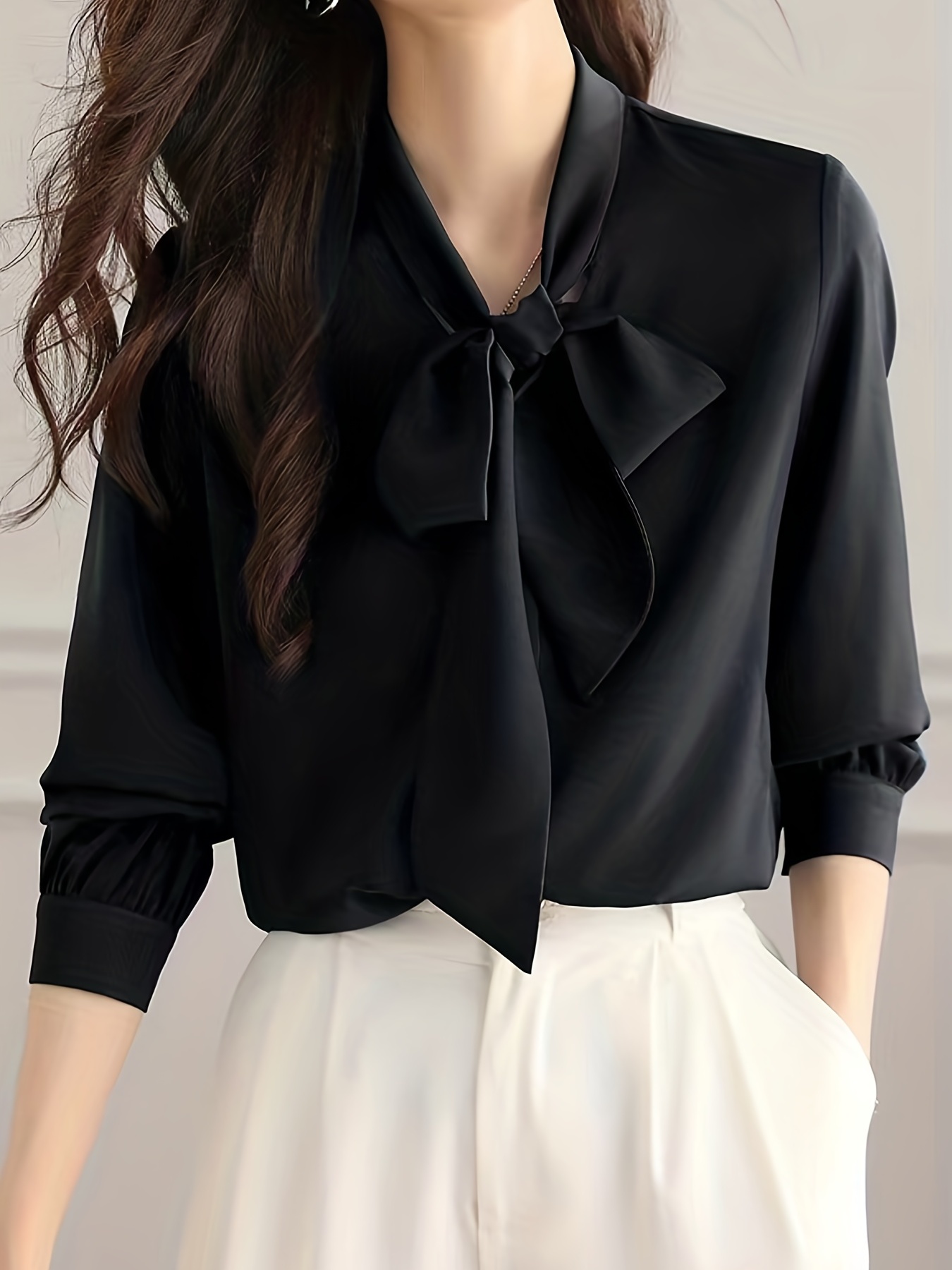 bow front solid blouse elegant long sleeve blouse for spring fall womens clothing details 22