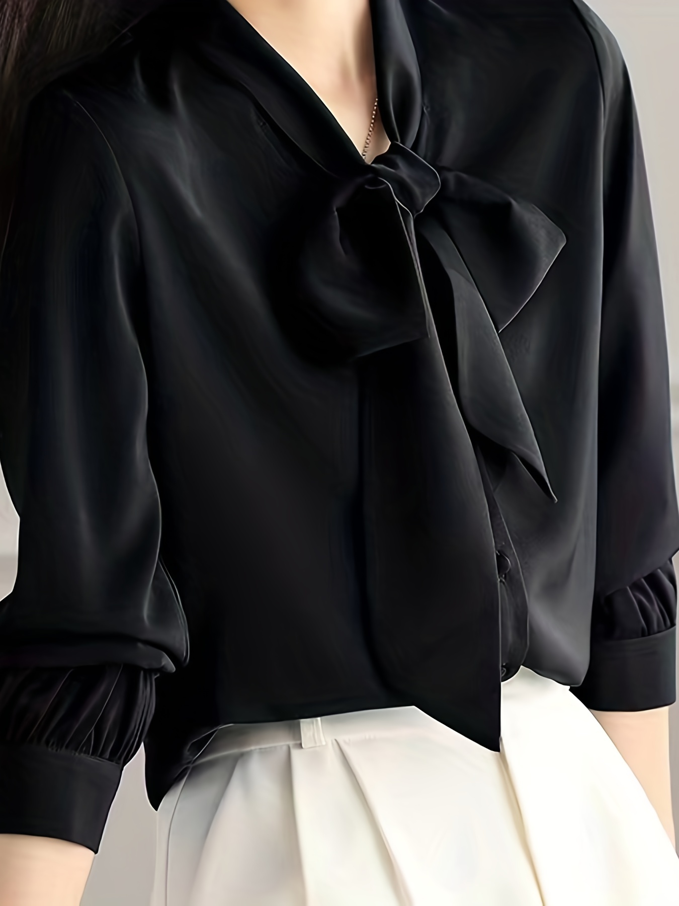 bow front solid blouse elegant long sleeve blouse for spring fall womens clothing details 23