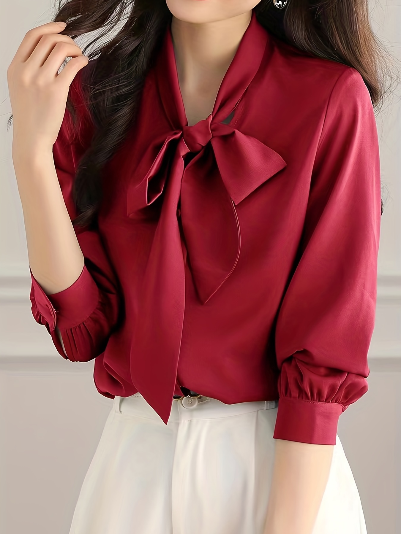 bow front solid blouse elegant long sleeve blouse for spring fall womens clothing details 25