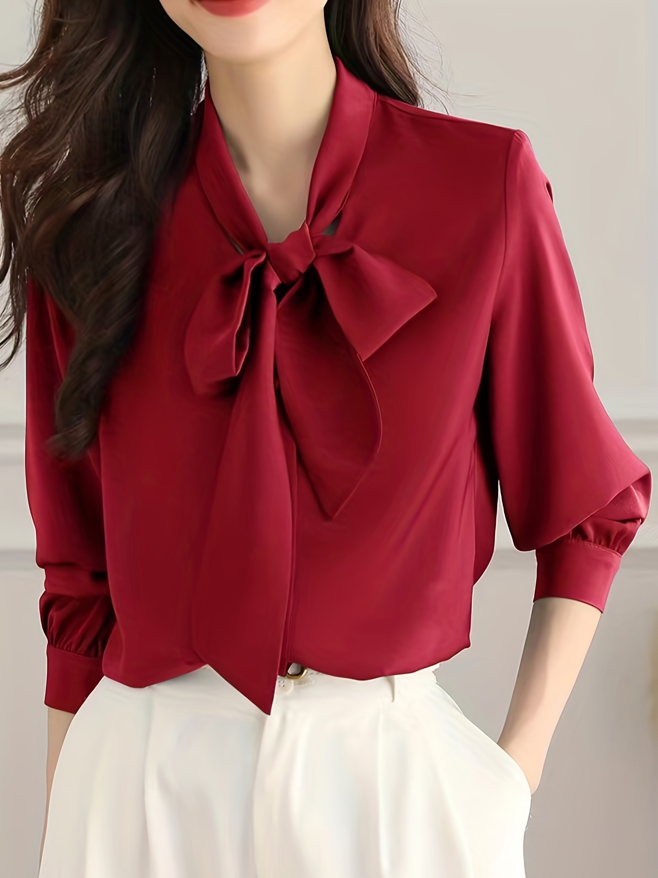 bow front solid blouse elegant long sleeve blouse for spring fall womens clothing details 28