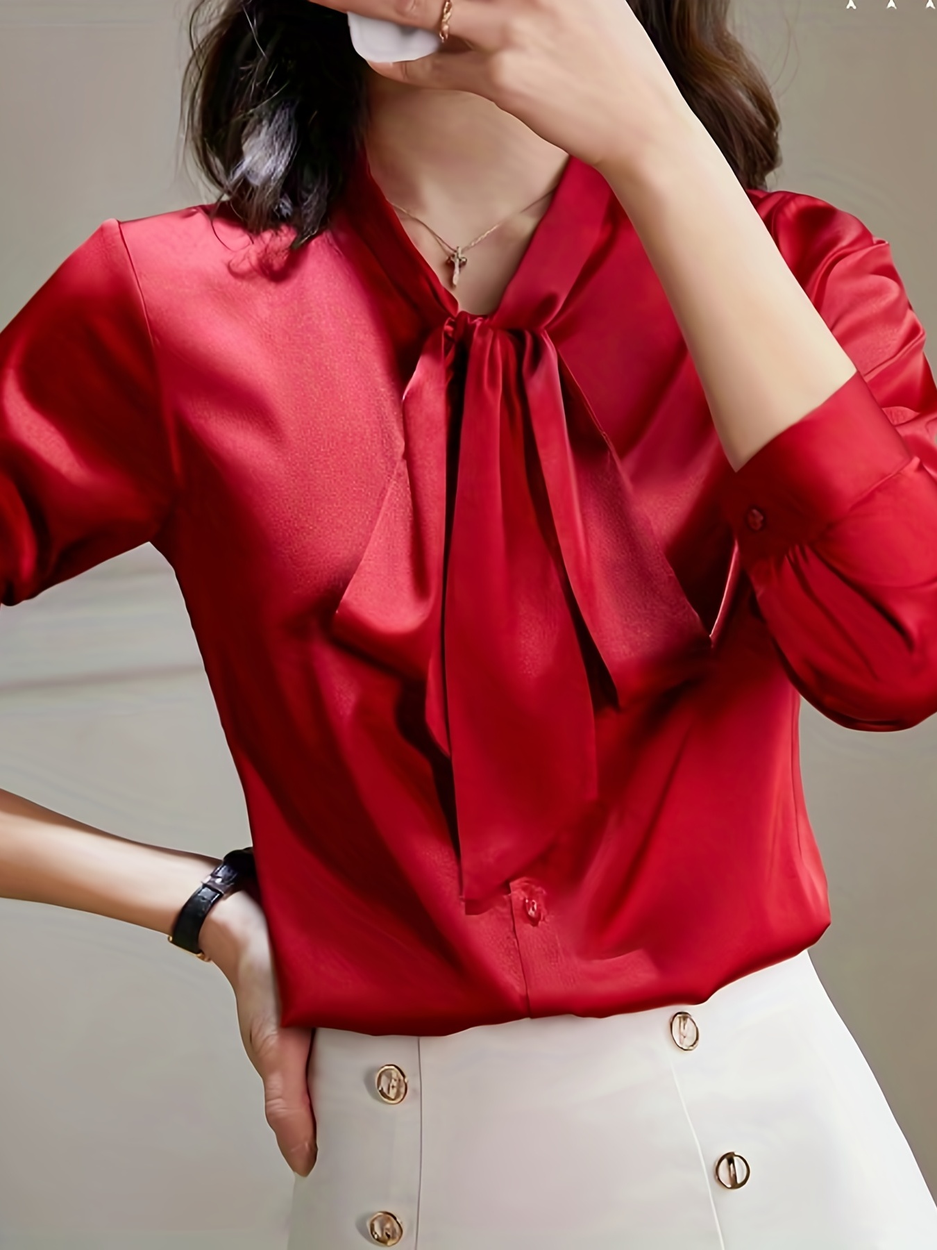 bow front solid blouse elegant long sleeve blouse for spring fall womens clothing details 29