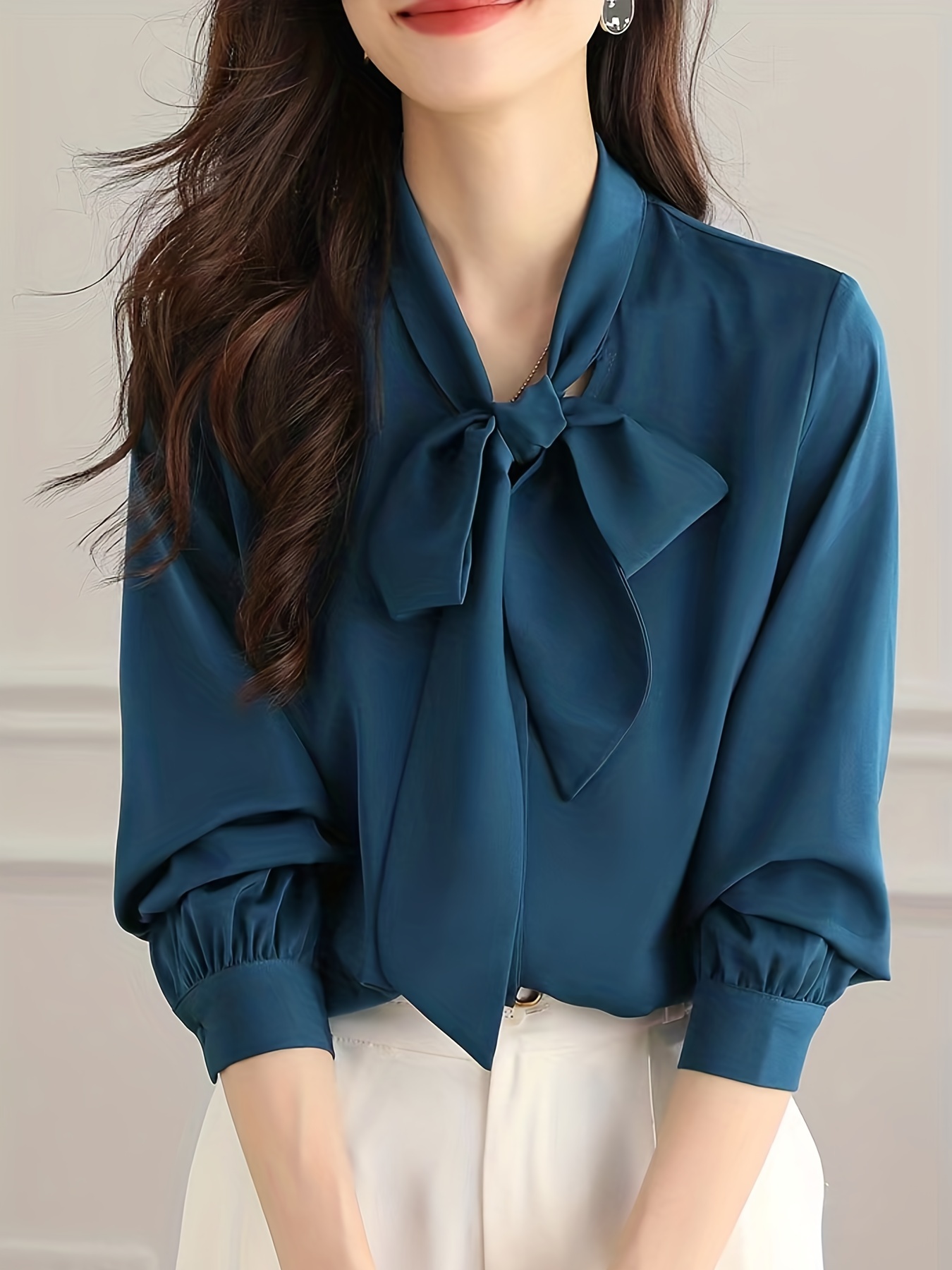 bow front solid blouse elegant long sleeve blouse for spring fall womens clothing details 31