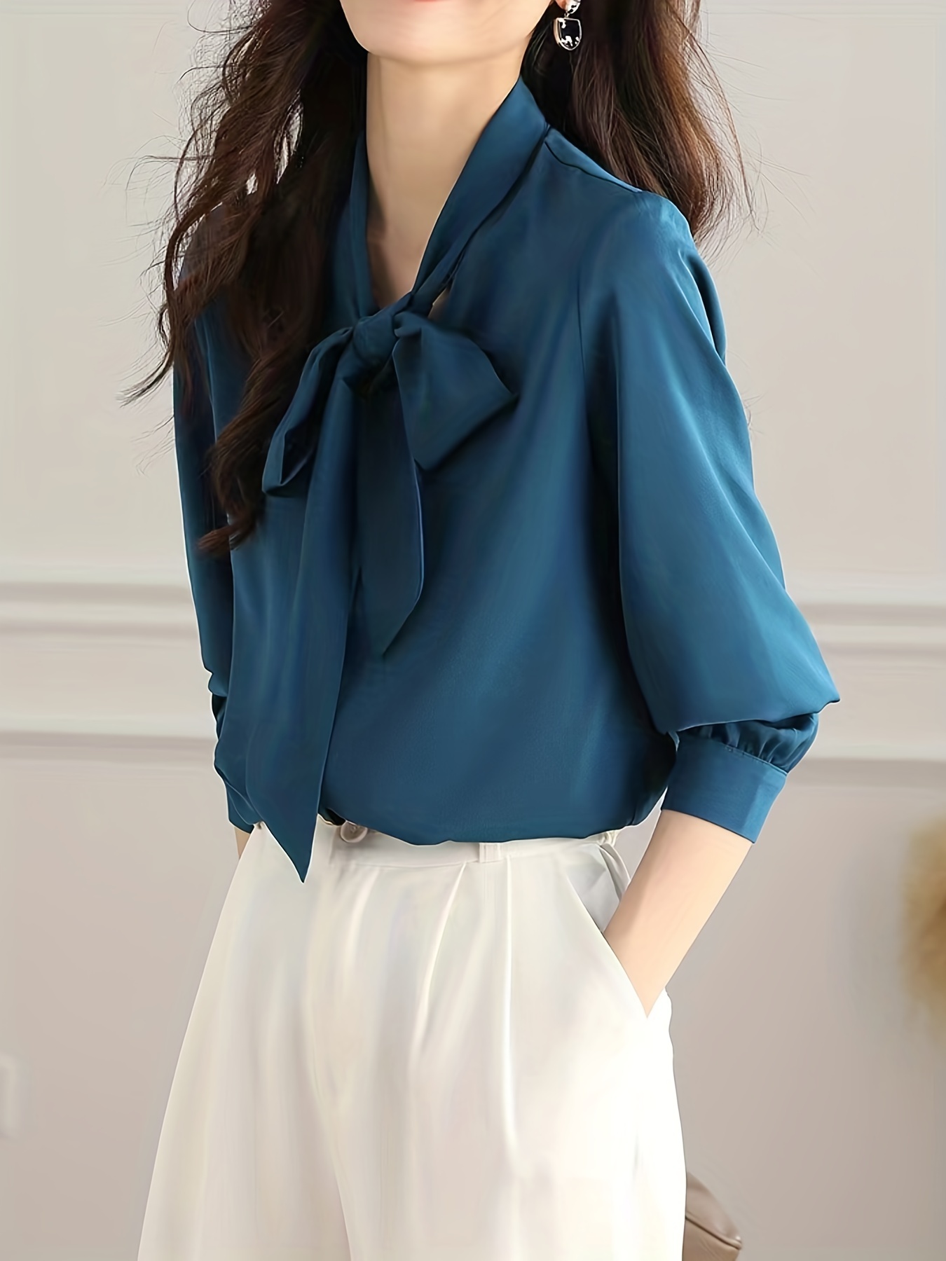 bow front solid blouse elegant long sleeve blouse for spring fall womens clothing details 32