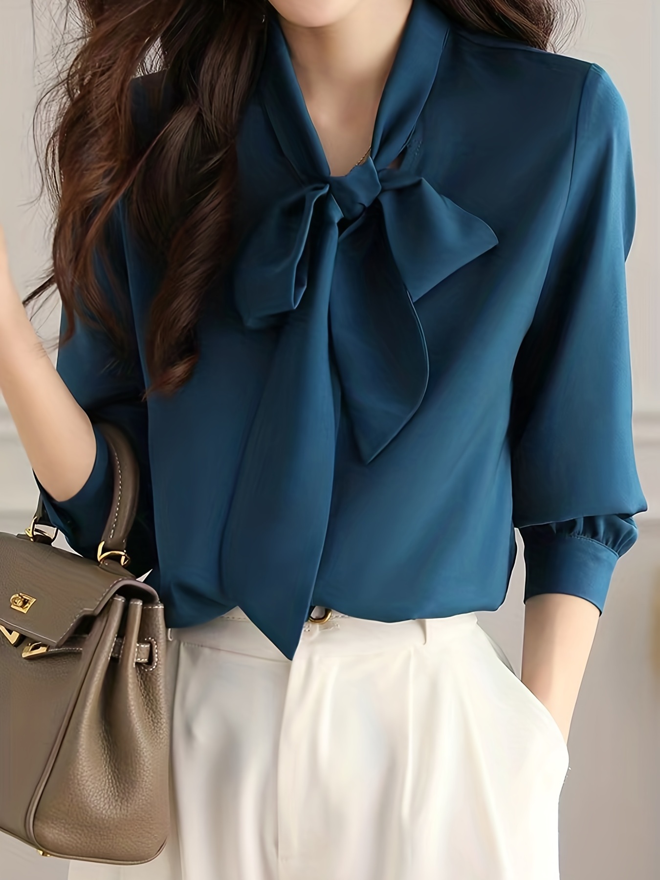 bow front solid blouse elegant long sleeve blouse for spring fall womens clothing details 33