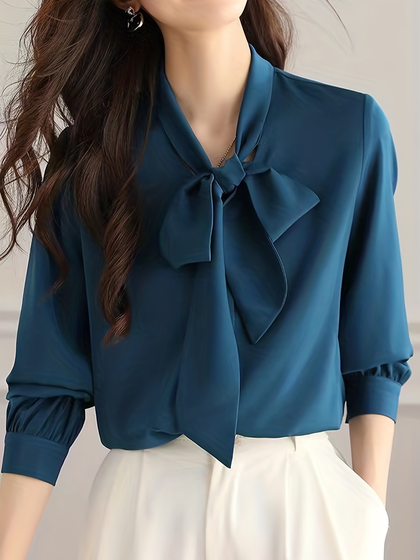 bow front solid blouse elegant long sleeve blouse for spring fall womens clothing details 34