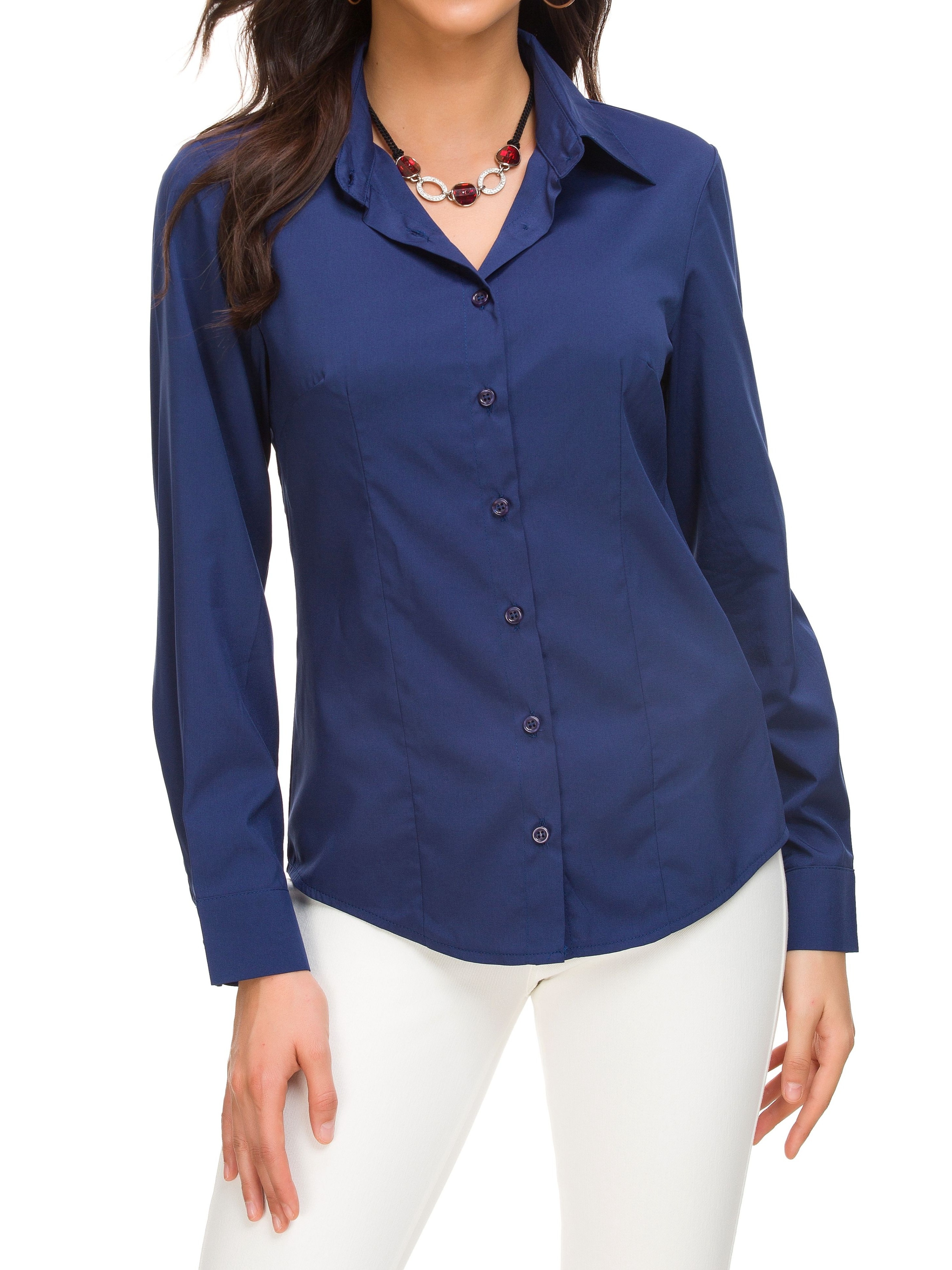 solid button front shirt casual lapel long sleeve shirt womens clothing details 0