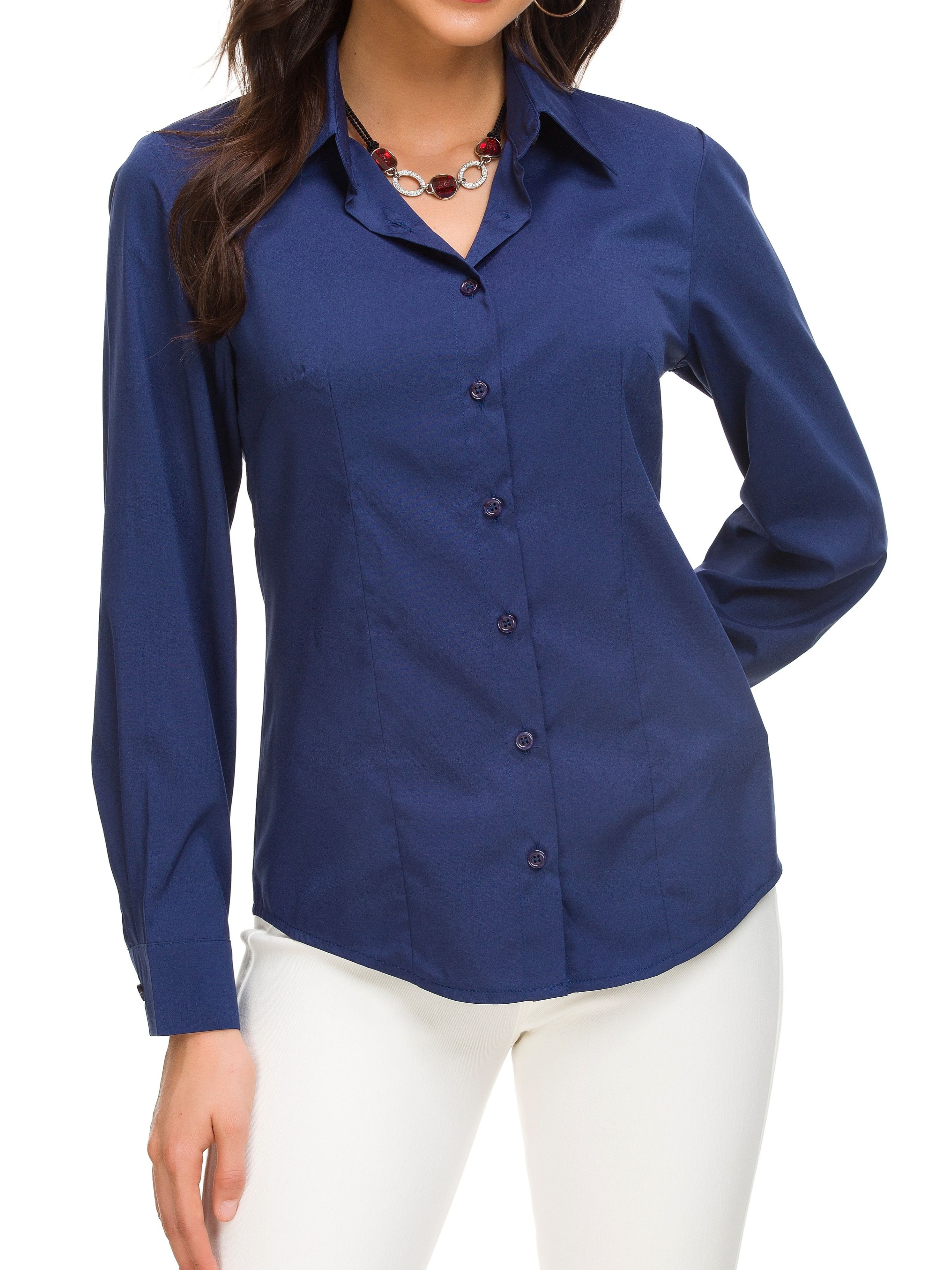 solid button front shirt casual lapel long sleeve shirt womens clothing details 3