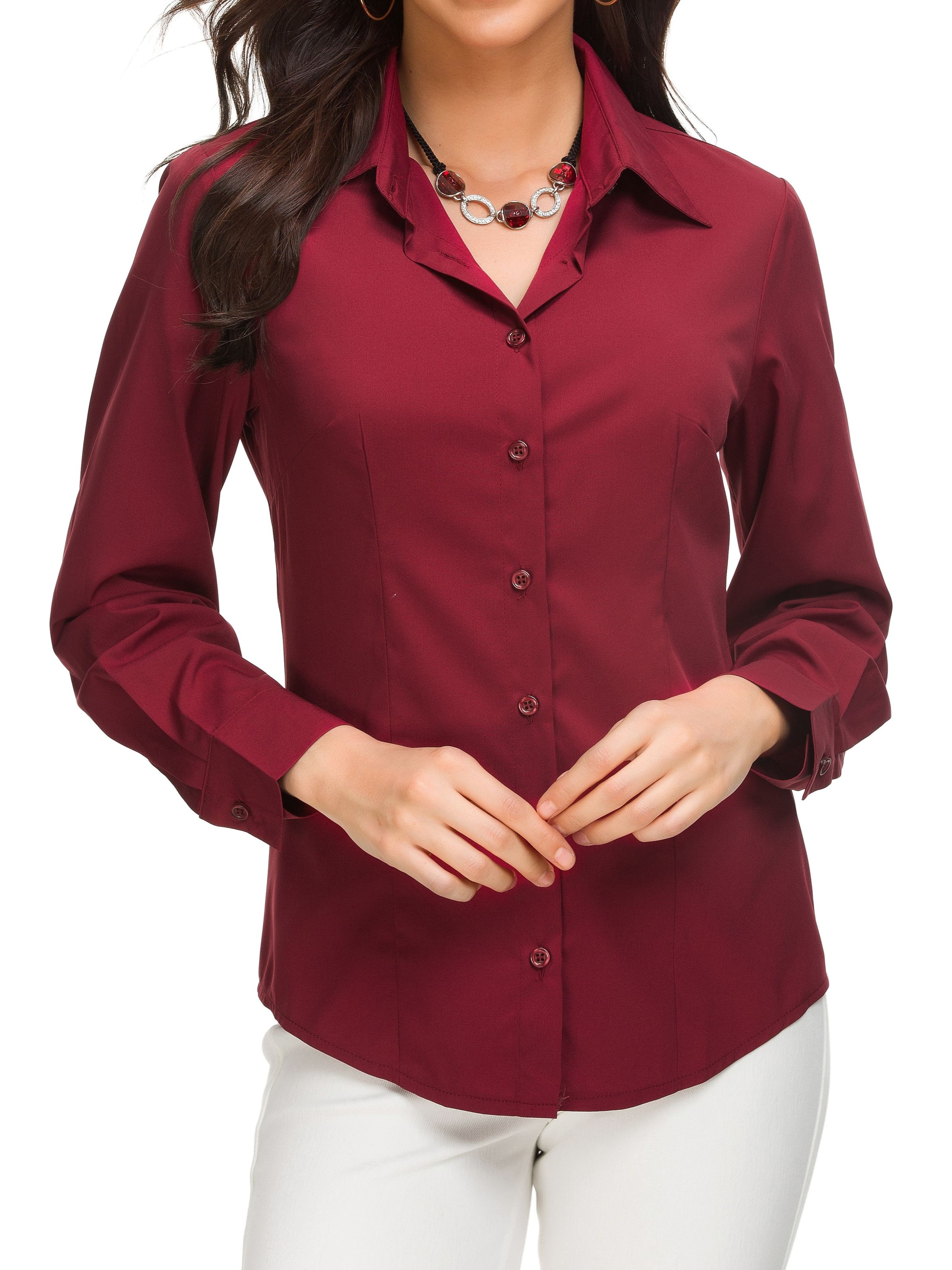 solid button front shirt casual lapel long sleeve shirt womens clothing details 12