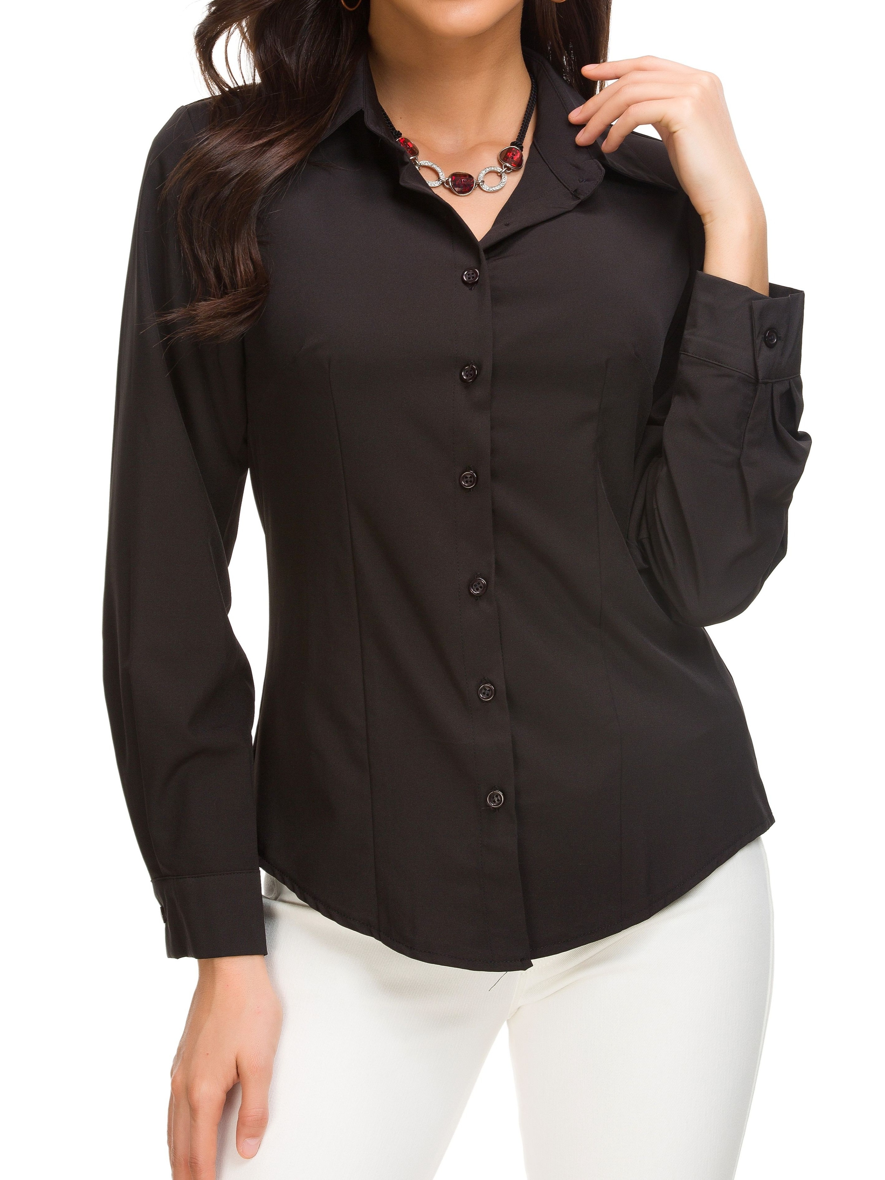 solid button front shirt casual lapel long sleeve shirt womens clothing details 27