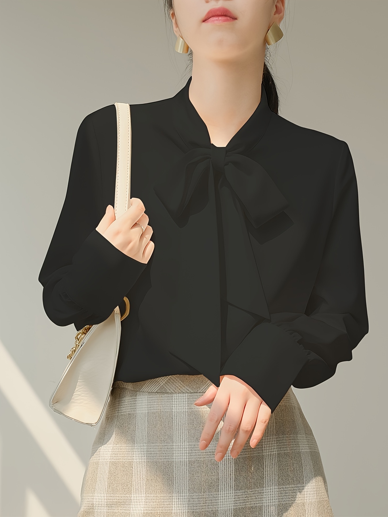 tie neck solid blouse casual long sleeve work office blouse womens clothing details 0