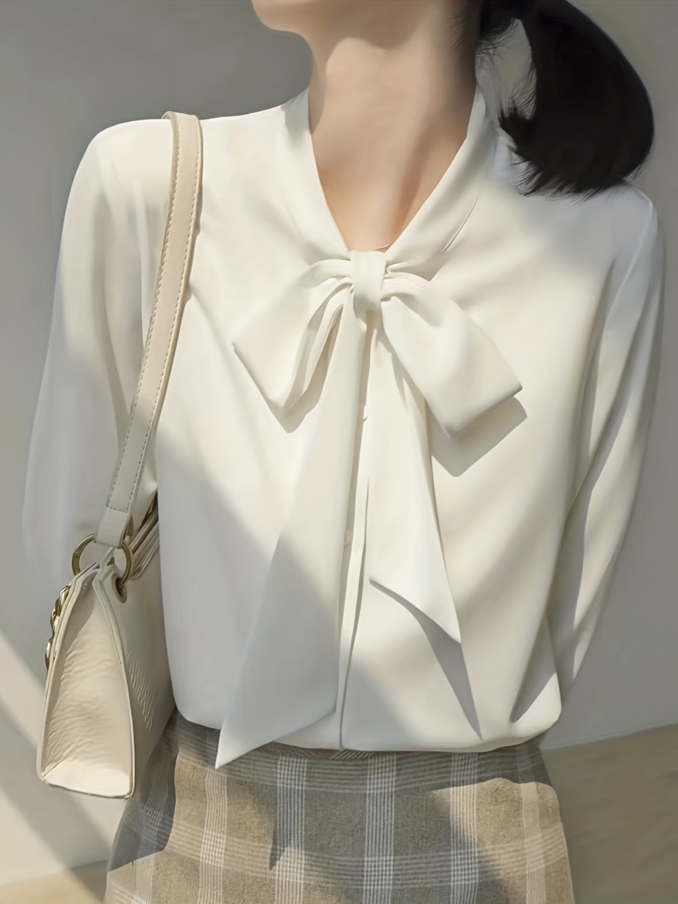 tie neck solid blouse casual long sleeve work office blouse womens clothing details 6