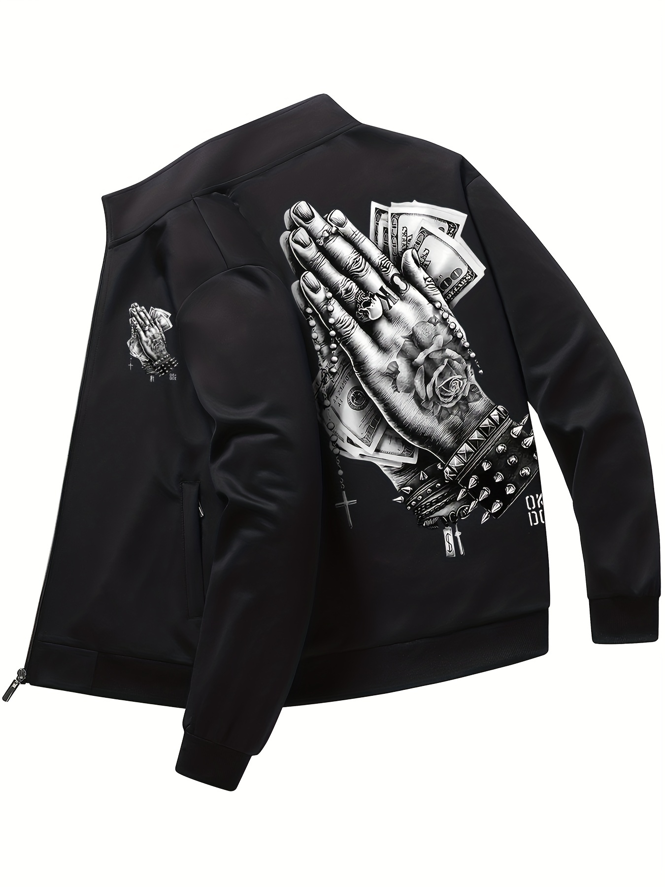 praying for money pattern windbreaker jacket mens casual stand collar zip up jacket details 0