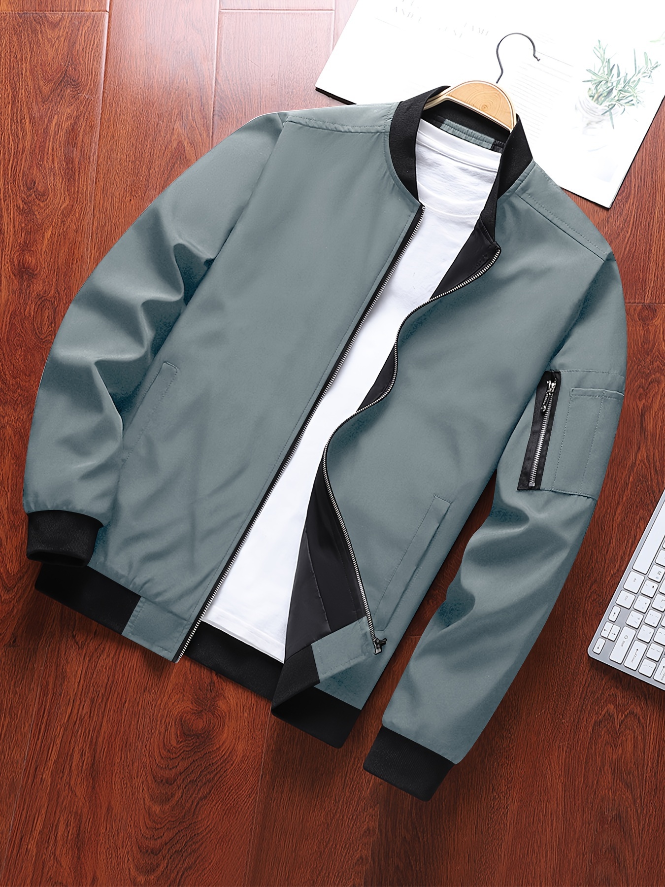 classic design track jacket mens casual baseball collar solid color zip up jacket for spring fall details 0