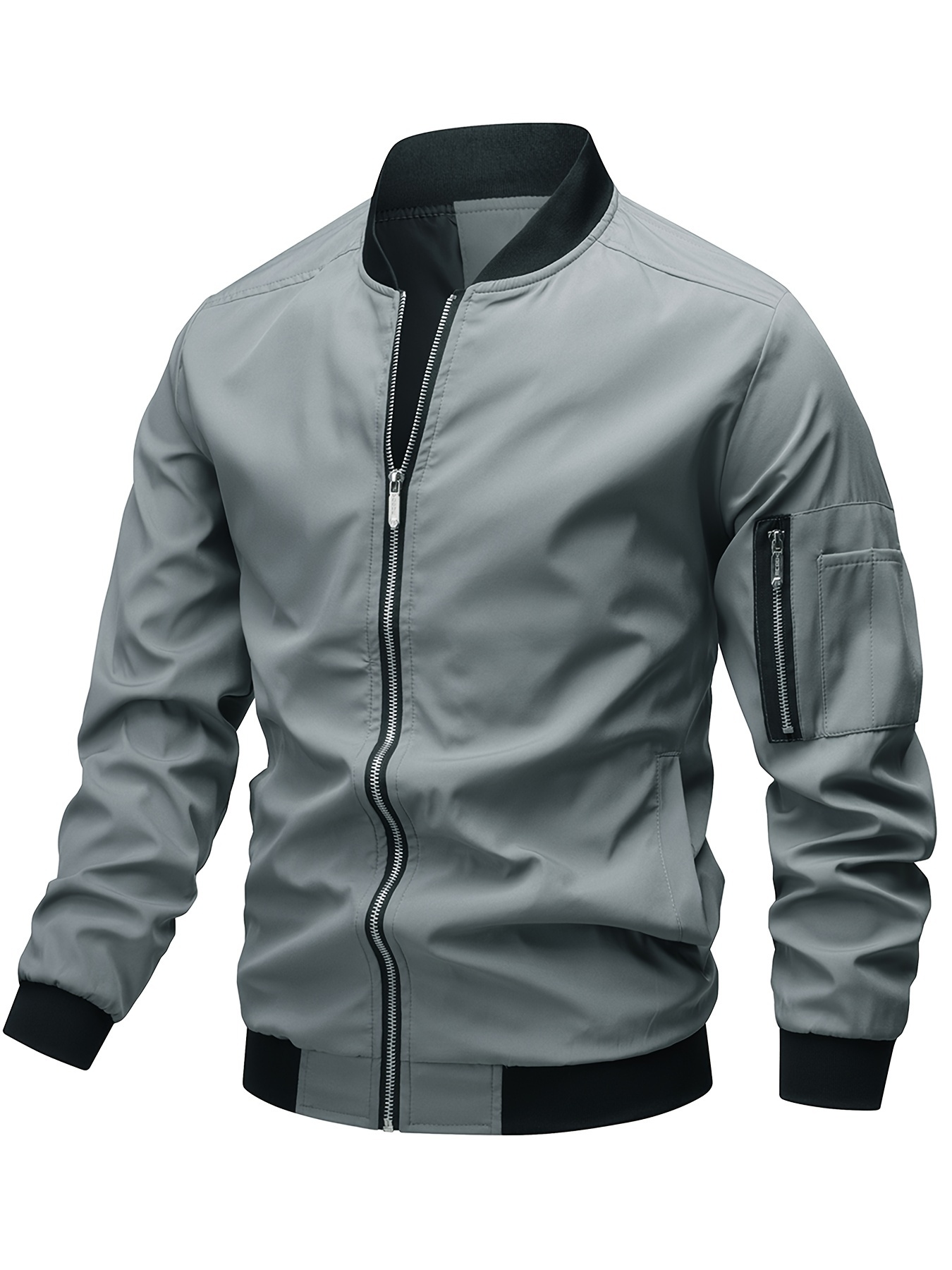 classic design track jacket mens casual baseball collar solid color zip up jacket for spring fall details 3