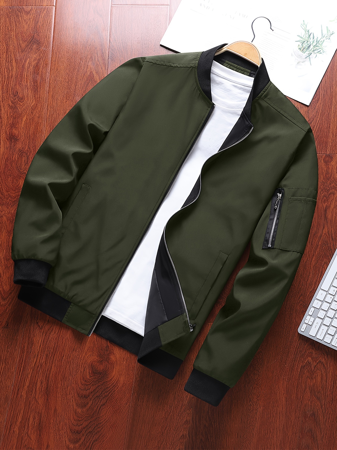 classic design track jacket mens casual baseball collar solid color zip up jacket for spring fall details 6