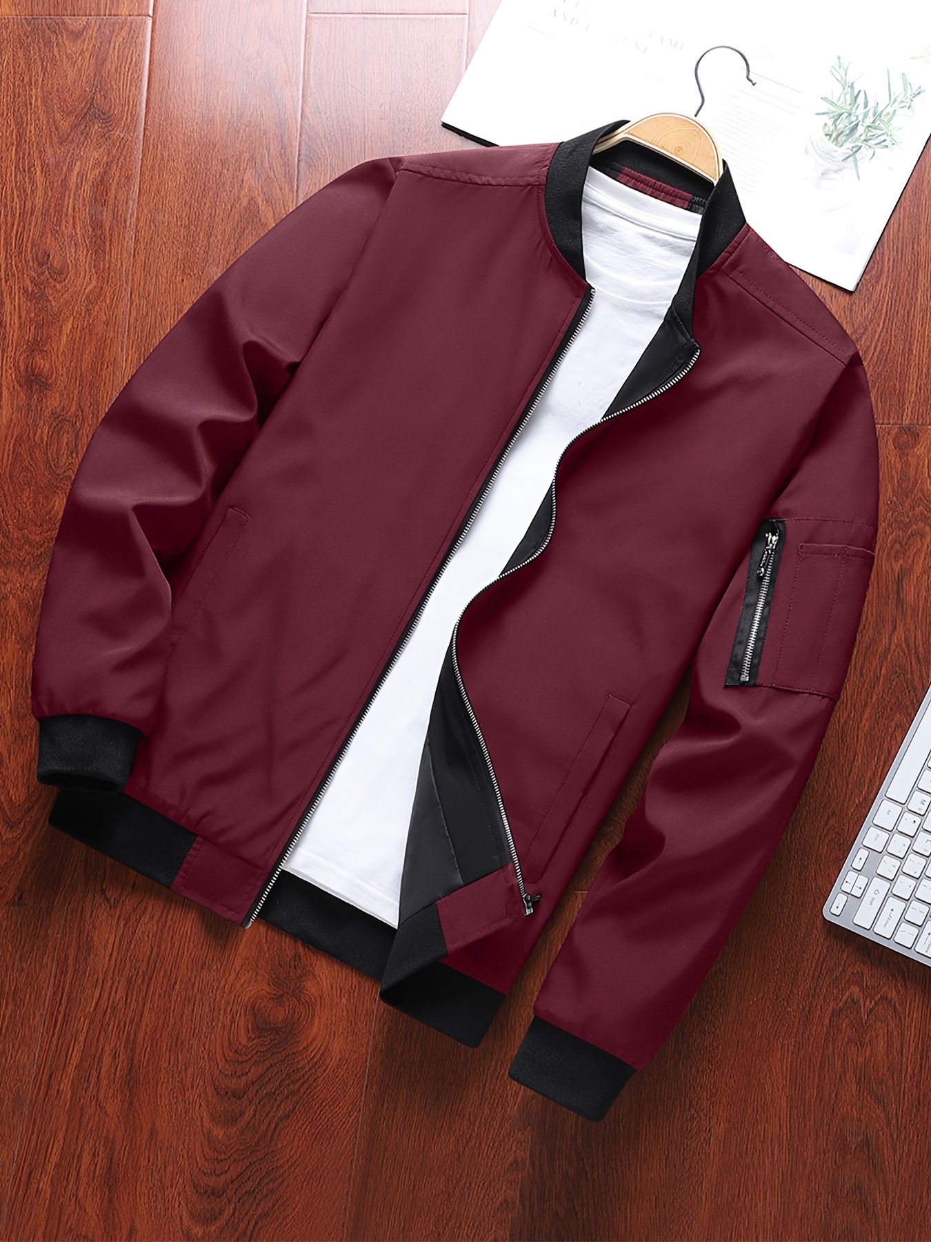 classic design track jacket mens casual baseball collar solid color zip up jacket for spring fall details 12