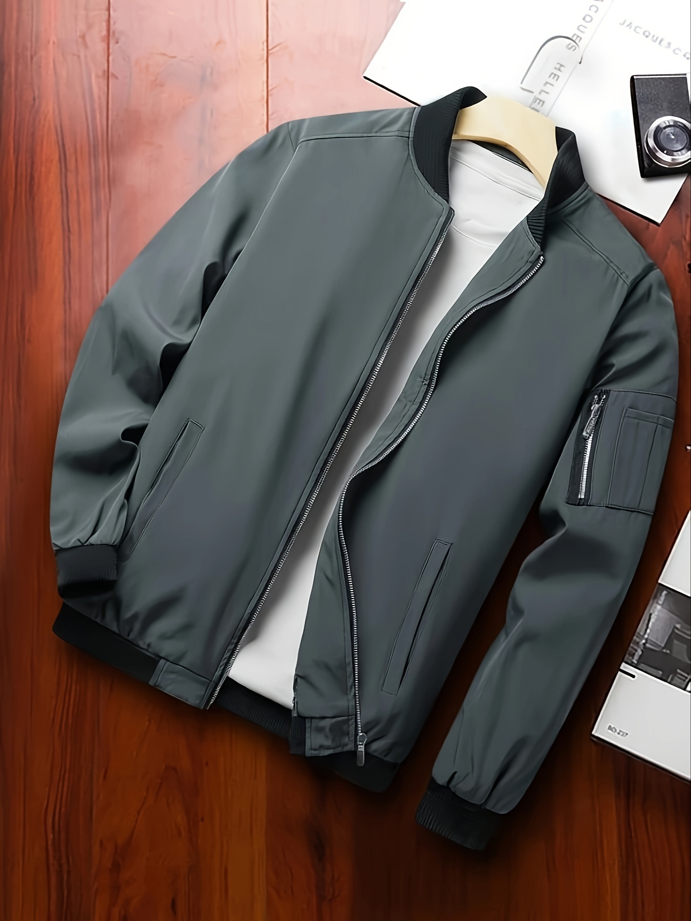 classic design track jacket mens casual baseball collar solid color zip up jacket for spring fall details 18