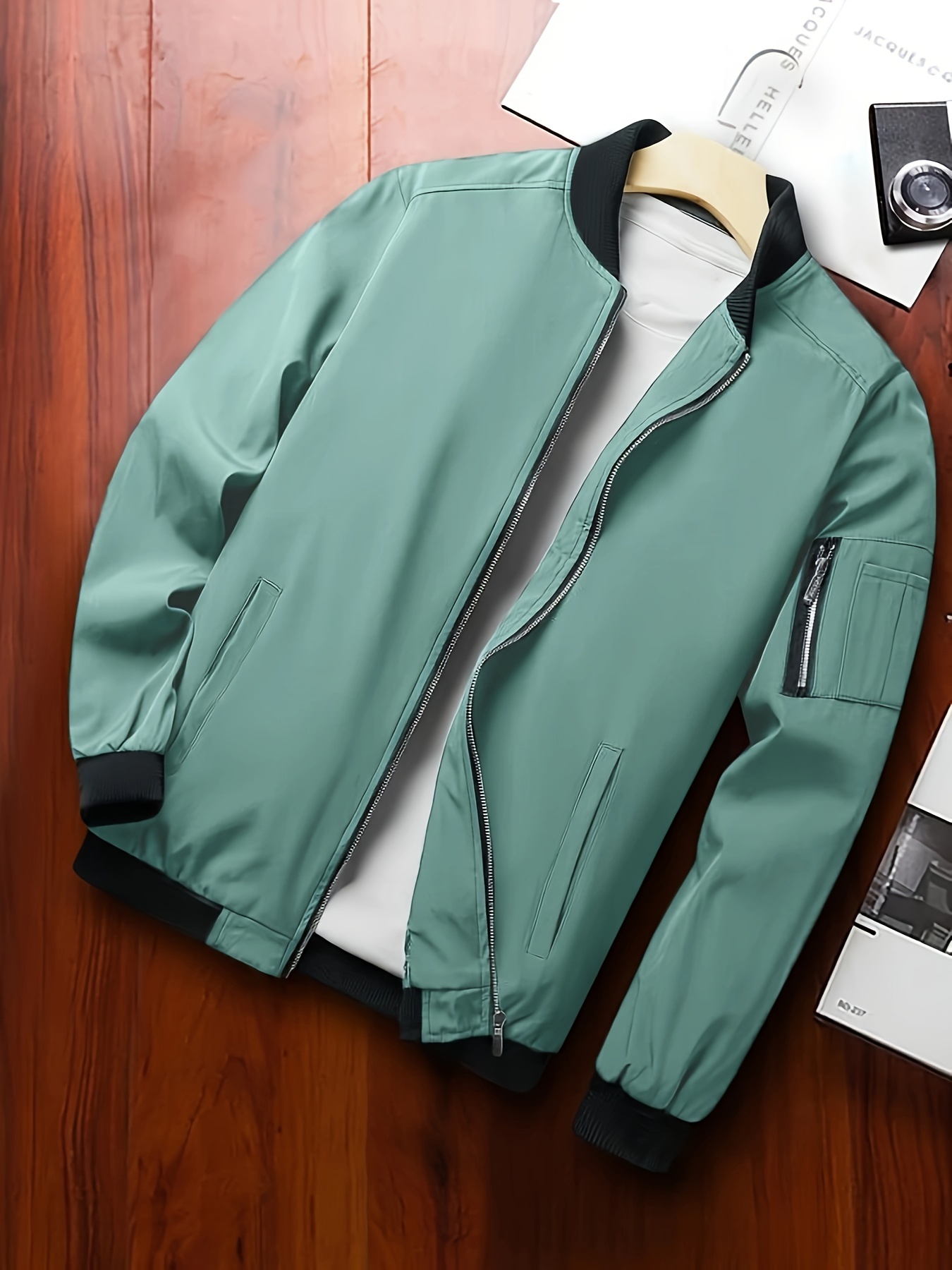 classic design track jacket mens casual baseball collar solid color zip up jacket for spring fall details 30