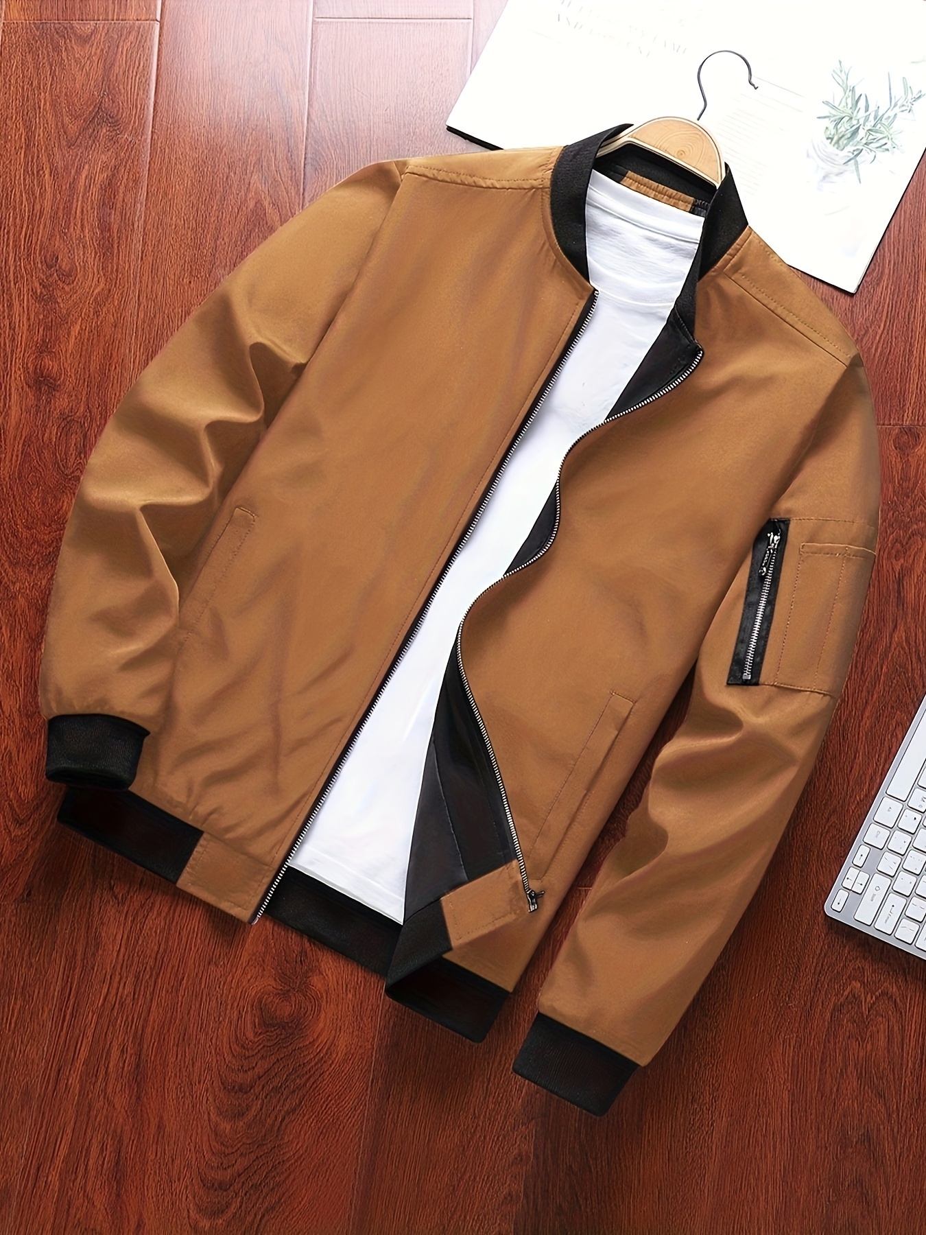 classic design track jacket mens casual baseball collar solid color zip up jacket for spring fall details 48