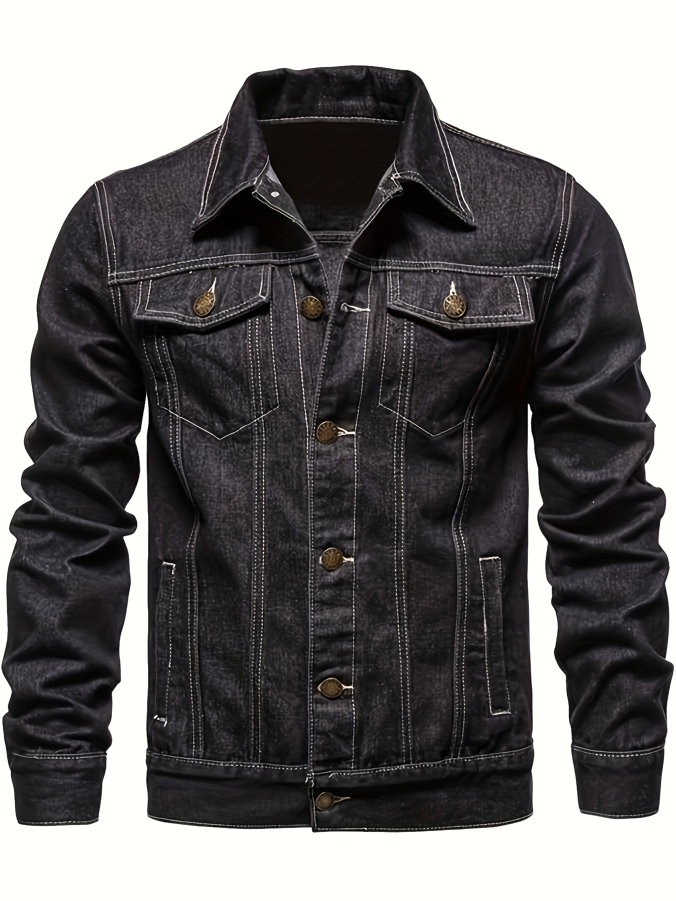 mens chic denim jacket street style lapel button up multi pocket jacket coat details 0