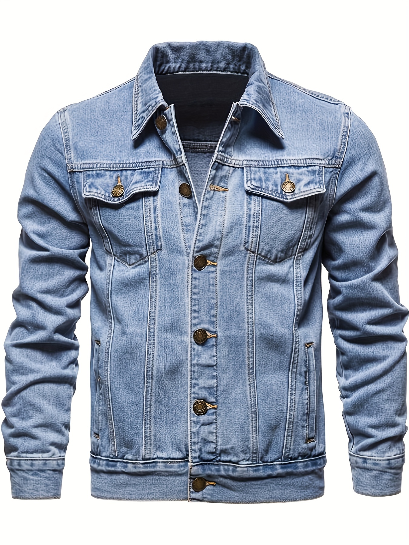 mens chic denim jacket street style lapel button up multi pocket jacket coat details 5