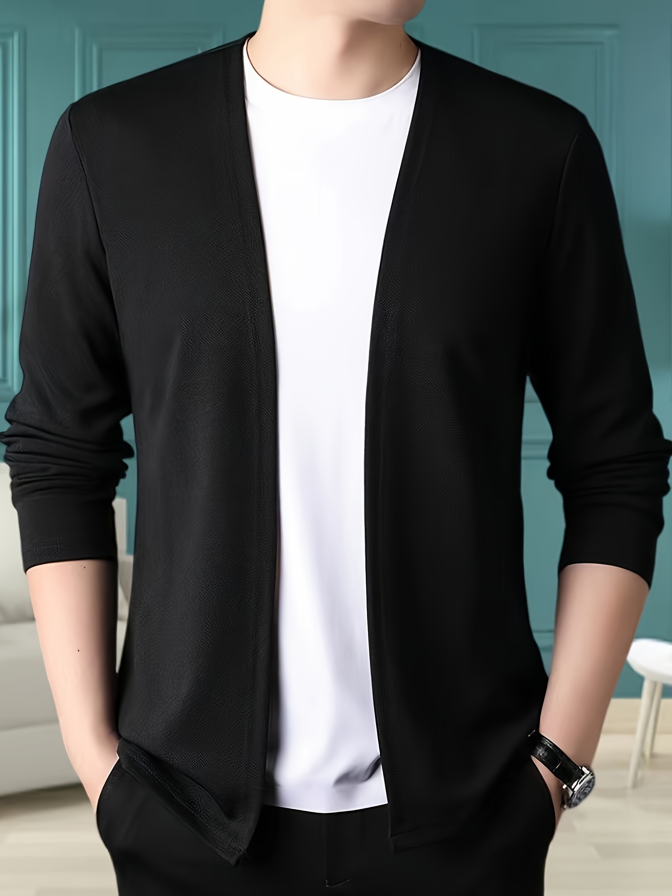 mens stylish solid loose cardigan casual breathable long sleeve coat for outdoor activities details 0