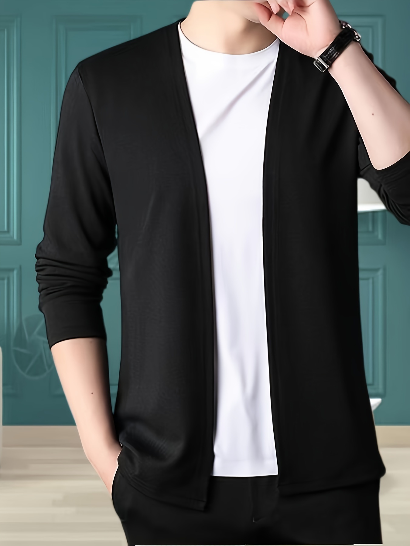 mens stylish solid loose cardigan casual breathable long sleeve coat for outdoor activities details 1