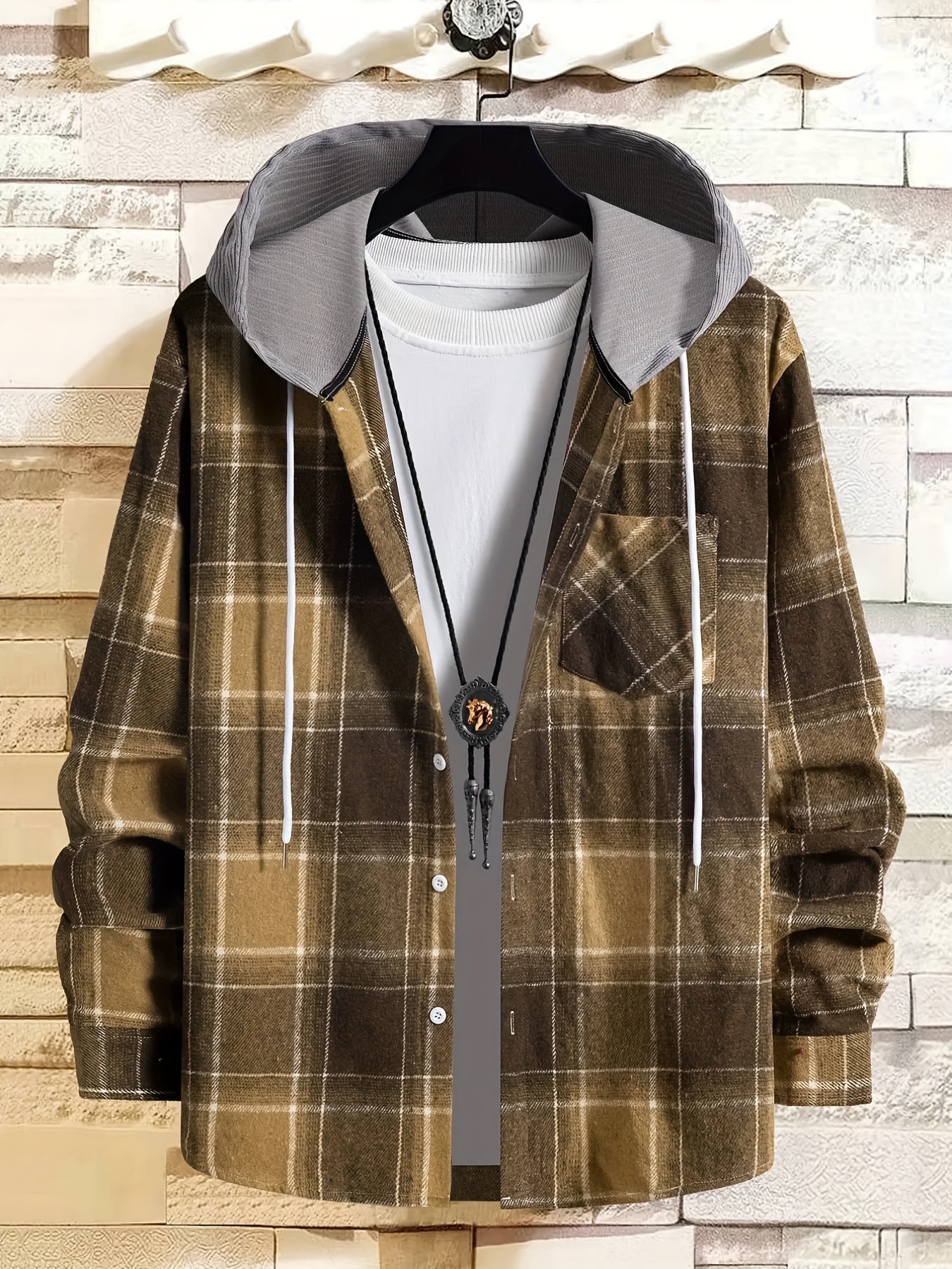 plaid shirt coat for men long sleeve casual regular fit button up hooded shirts jacket details 1