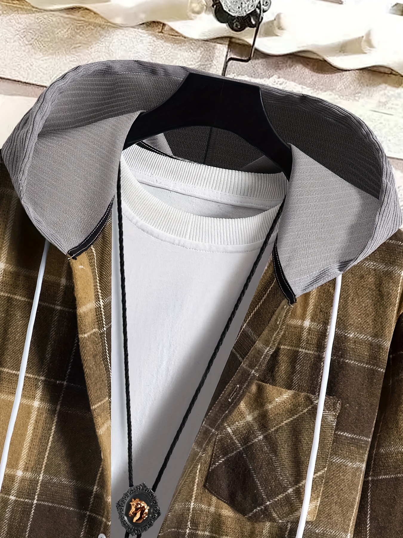 plaid shirt coat for men long sleeve casual regular fit button up hooded shirts jacket details 3