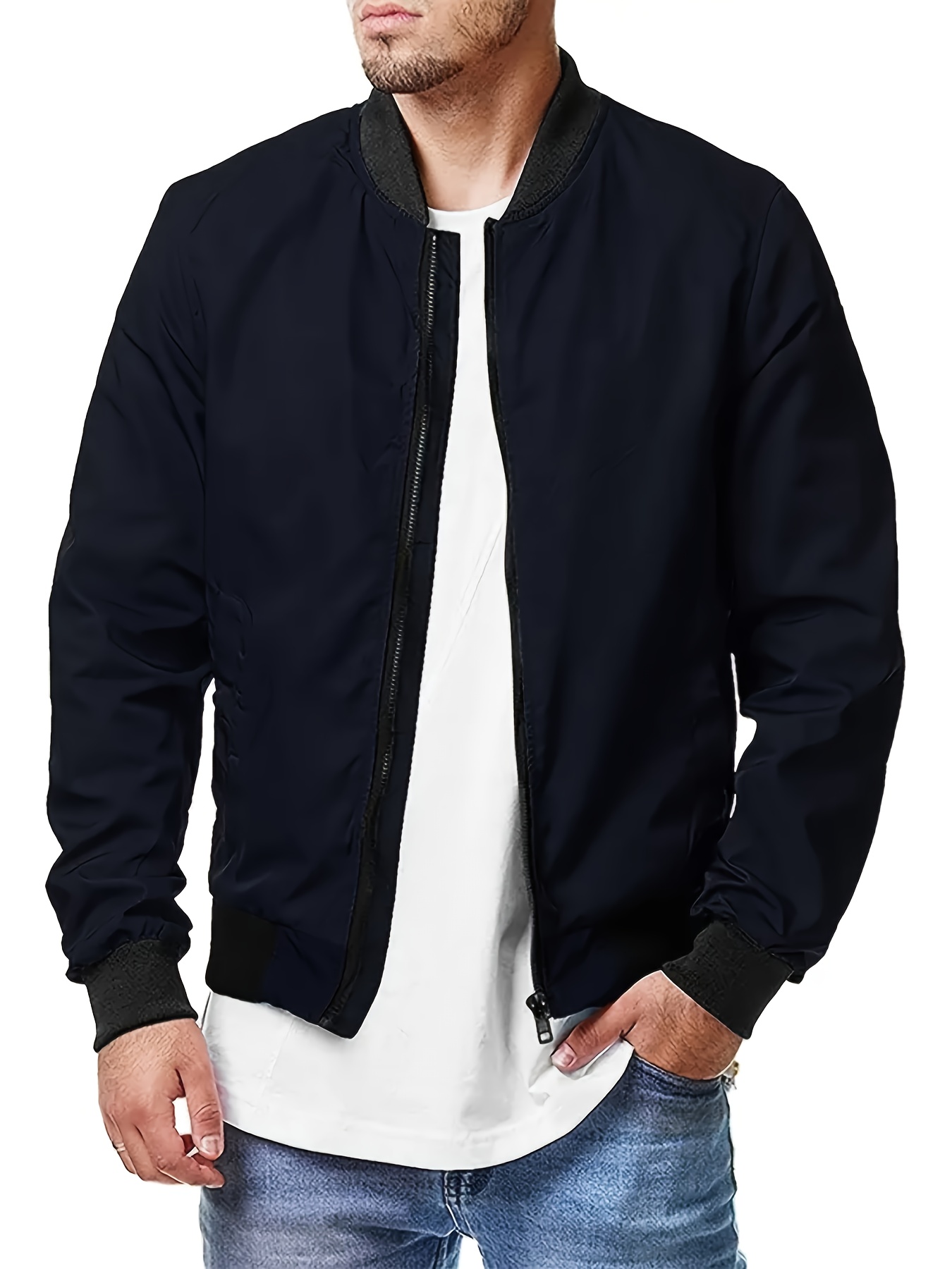 mens casual baseball collar bomber jacket classic design zip up jacket for spring fall details 0