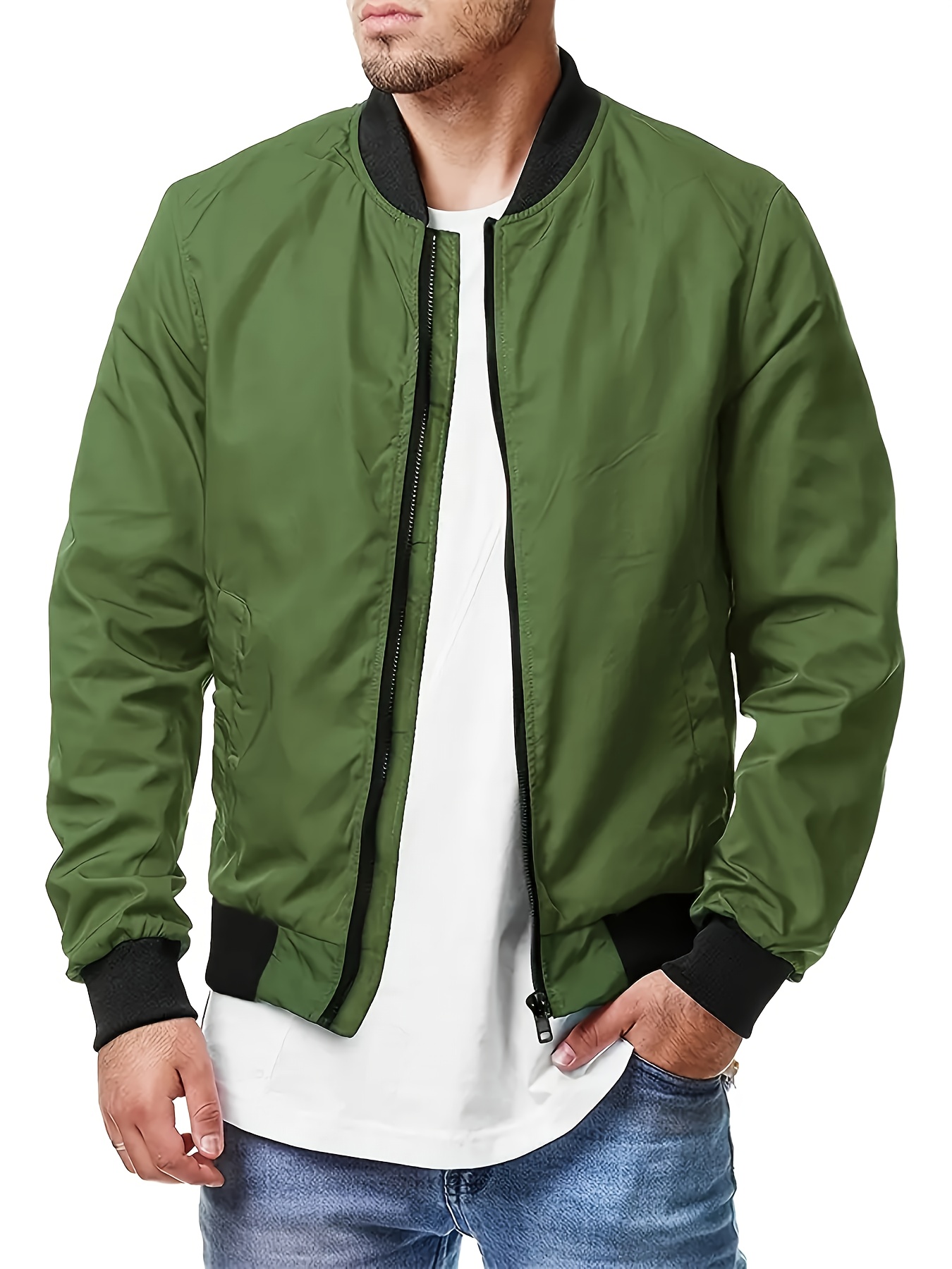 mens casual baseball collar bomber jacket classic design zip up jacket for spring fall details 5