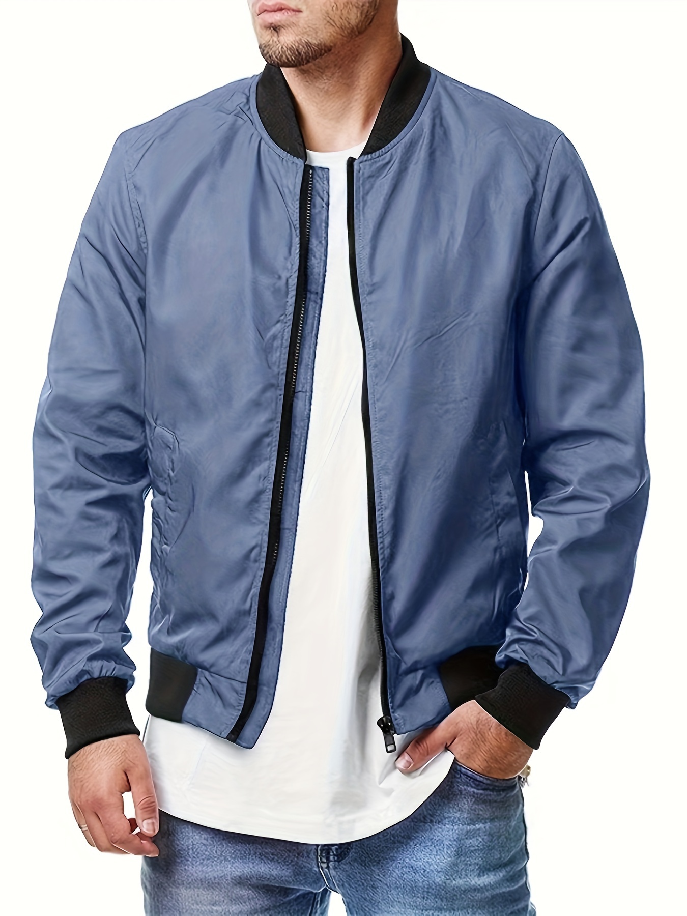 mens casual baseball collar bomber jacket classic design zip up jacket for spring fall details 10