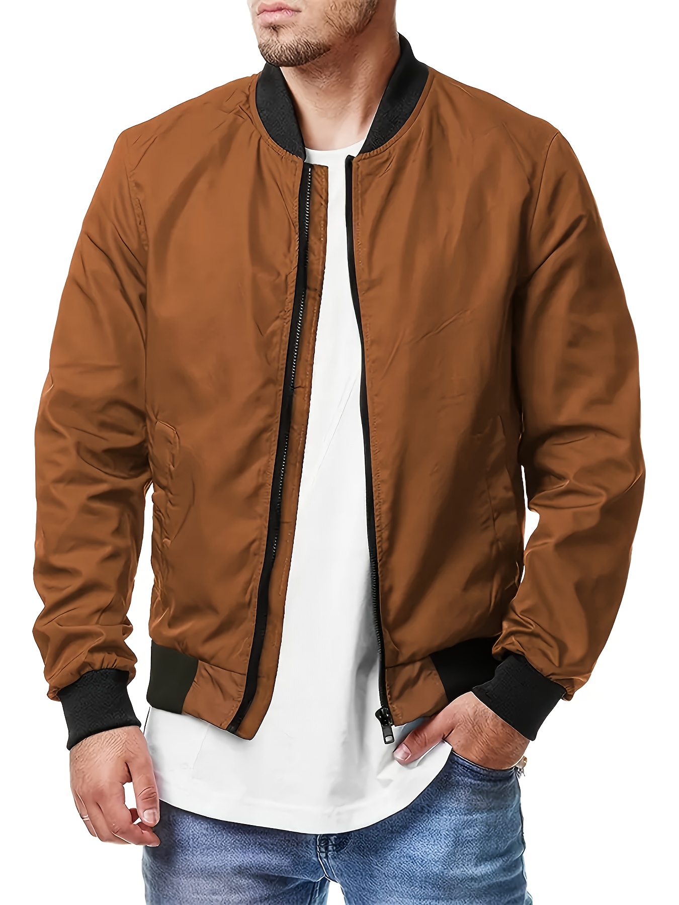 mens casual baseball collar bomber jacket classic design zip up jacket for spring fall details 16