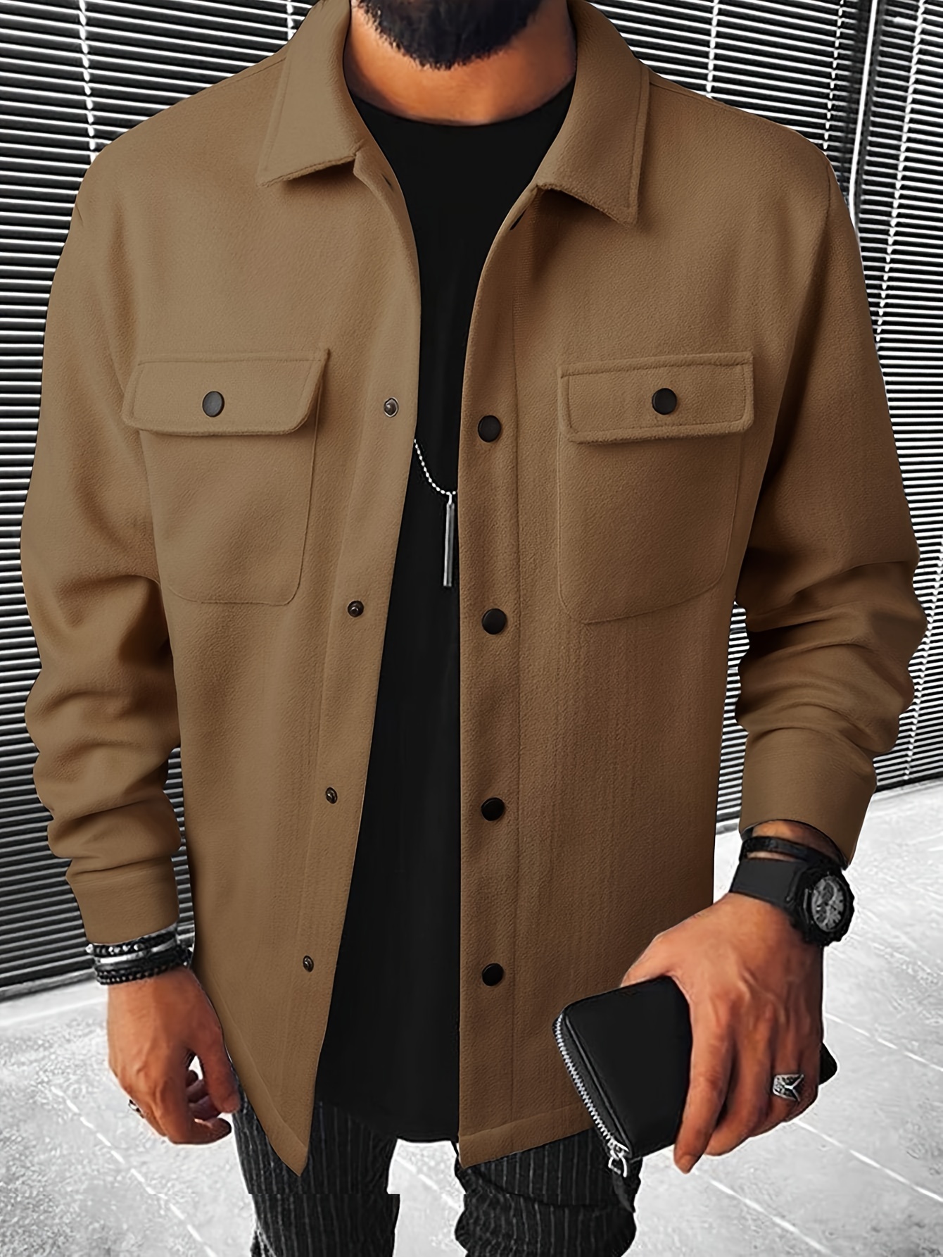 mens casual flap pocket jacket chic button up mature coat for fall winter details 0