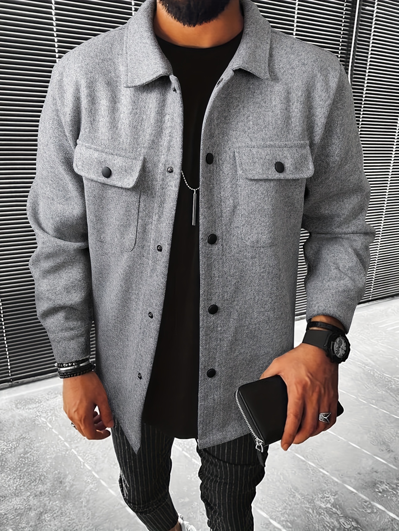 mens casual flap pocket jacket chic button up mature coat for fall winter details 15