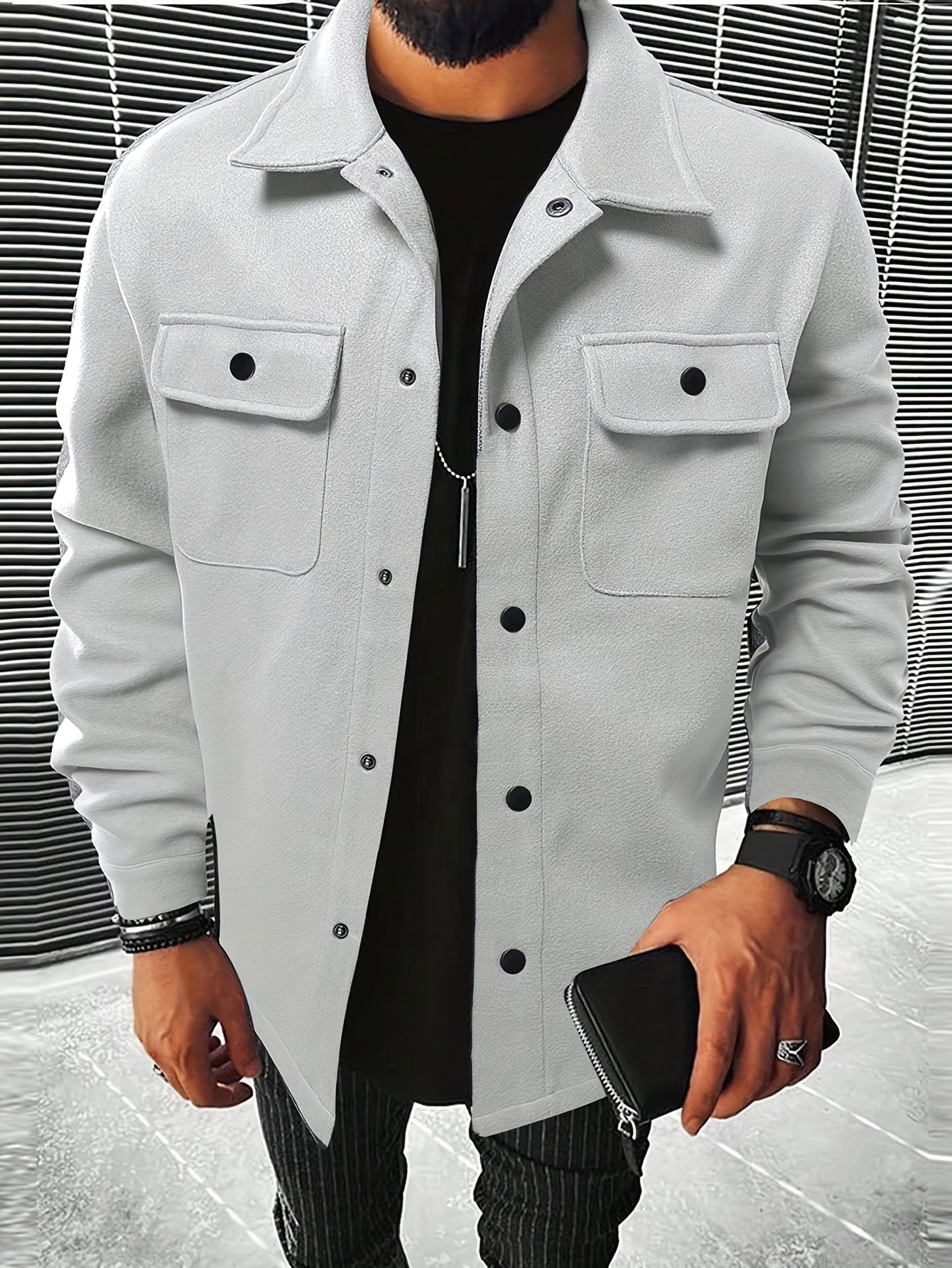 mens casual flap pocket jacket chic button up mature coat for fall winter details 21