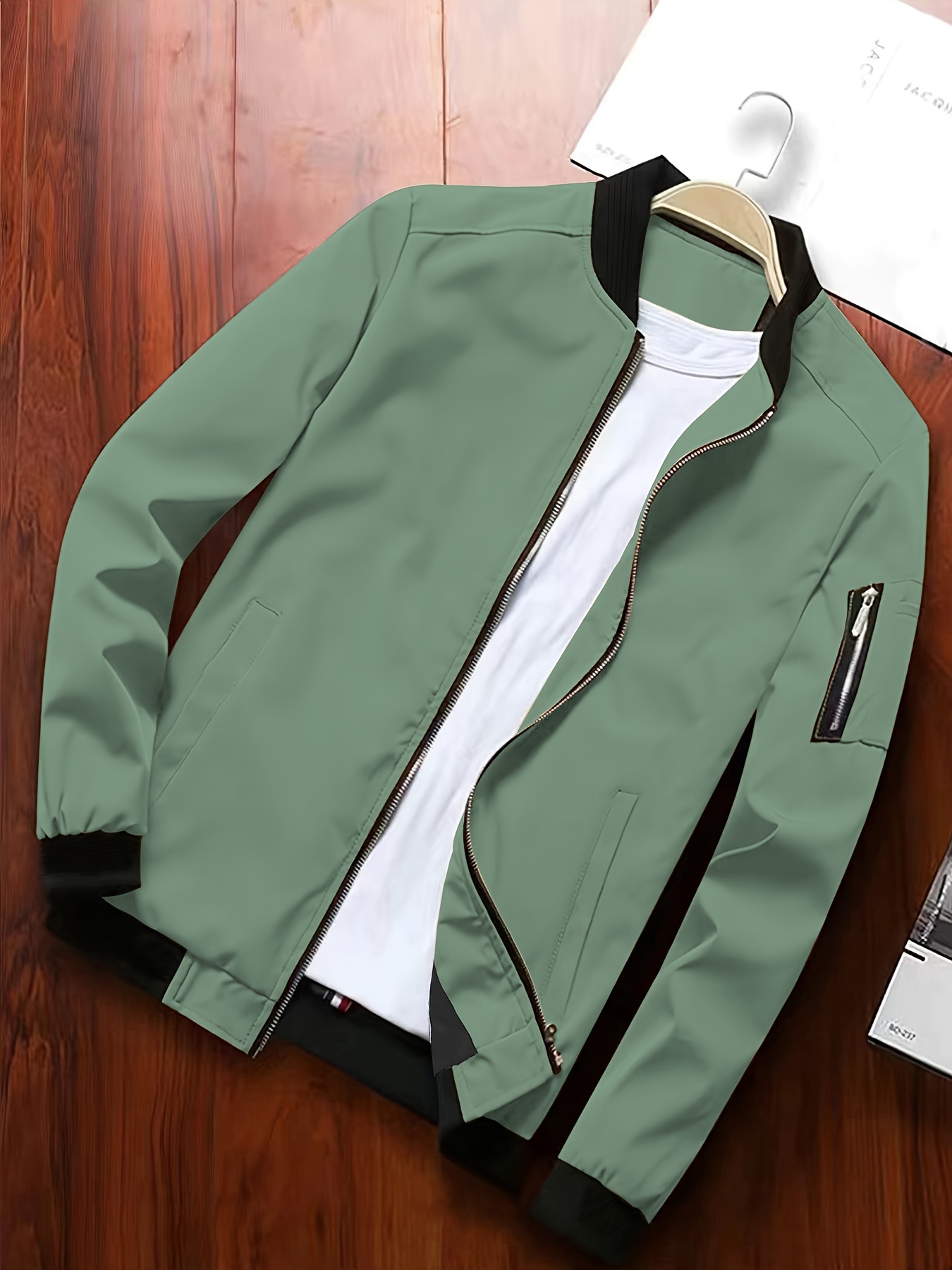 mens stylish solid jacket with pockets casual breathable stand collar zip up long sleeve outwear for spring fall details 0