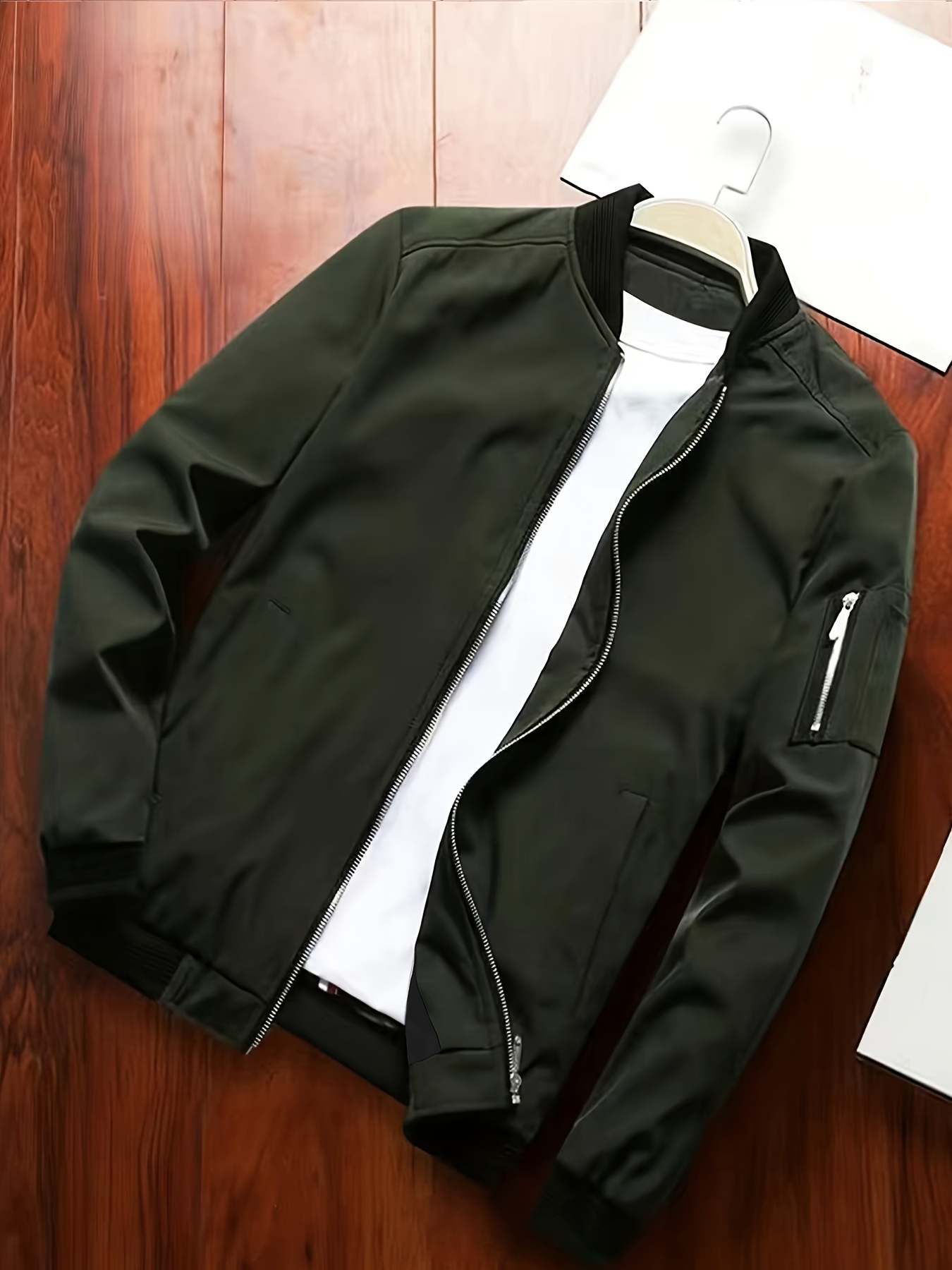 mens stylish solid jacket with pockets casual breathable stand collar zip up long sleeve outwear for spring fall details 5