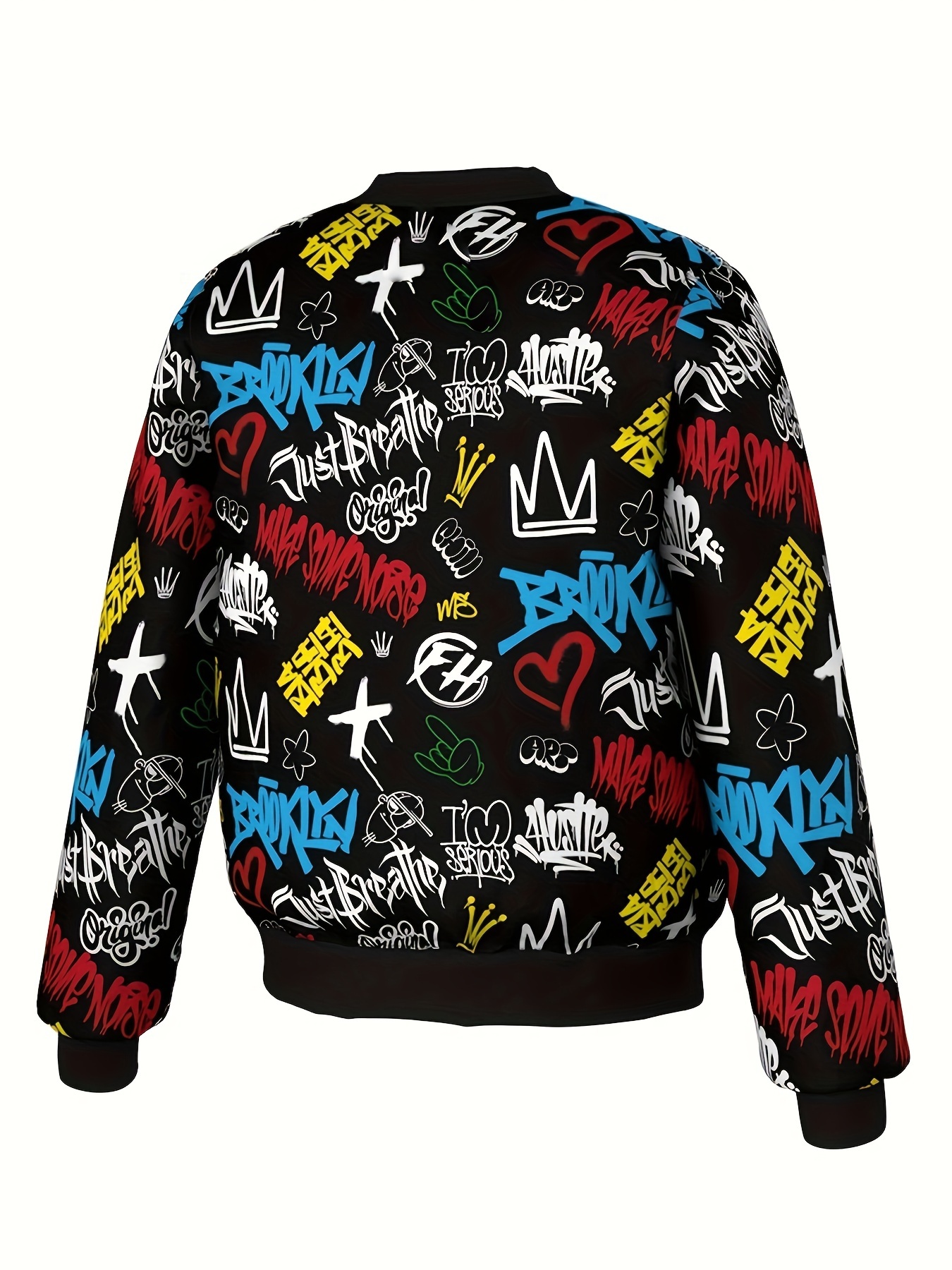 mens stylish graffiti digital print baseball collar bomber jacket long sleeve zip up sports outwear spring fall details 5