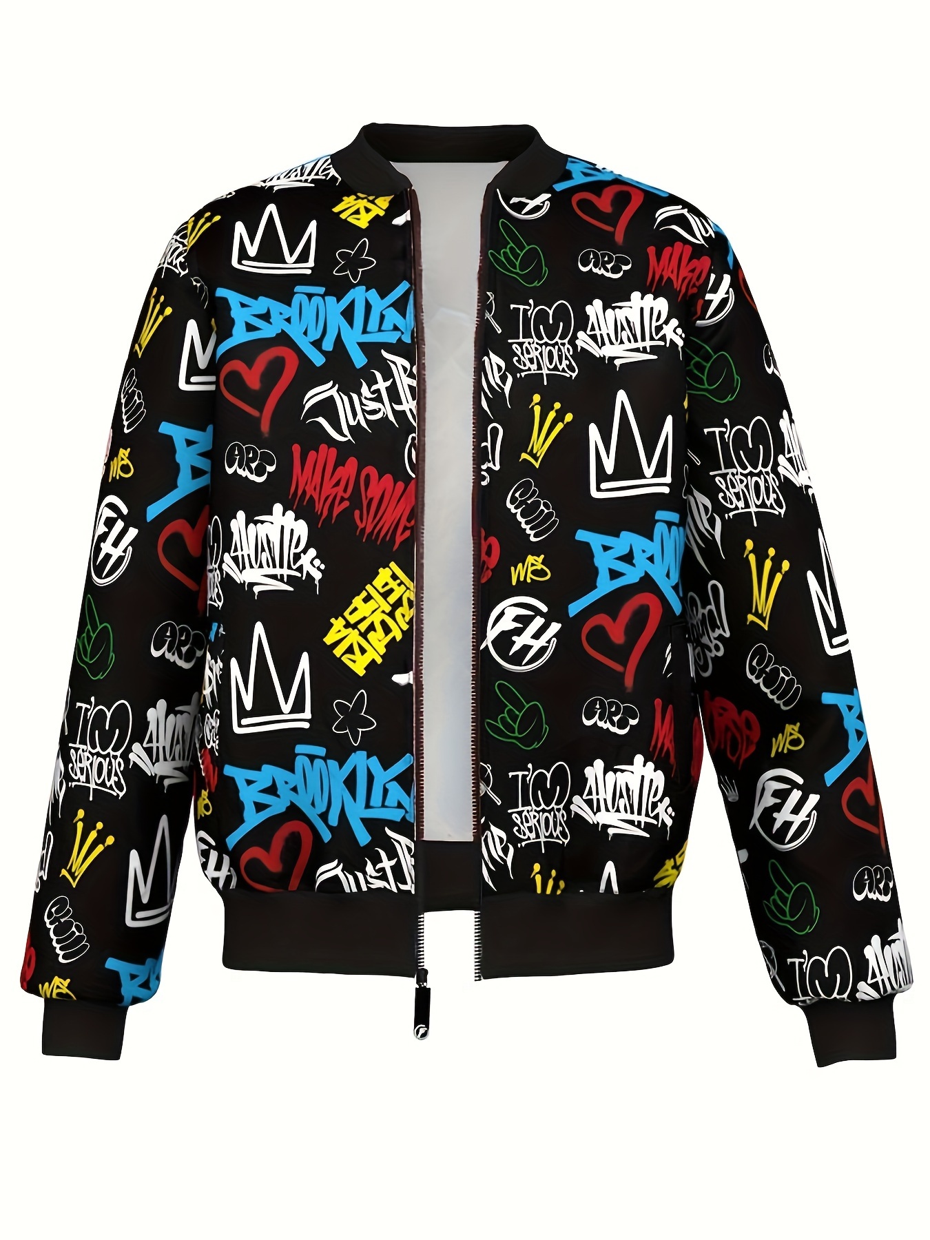 mens stylish graffiti digital print baseball collar bomber jacket long sleeve zip up sports outwear spring fall details 6