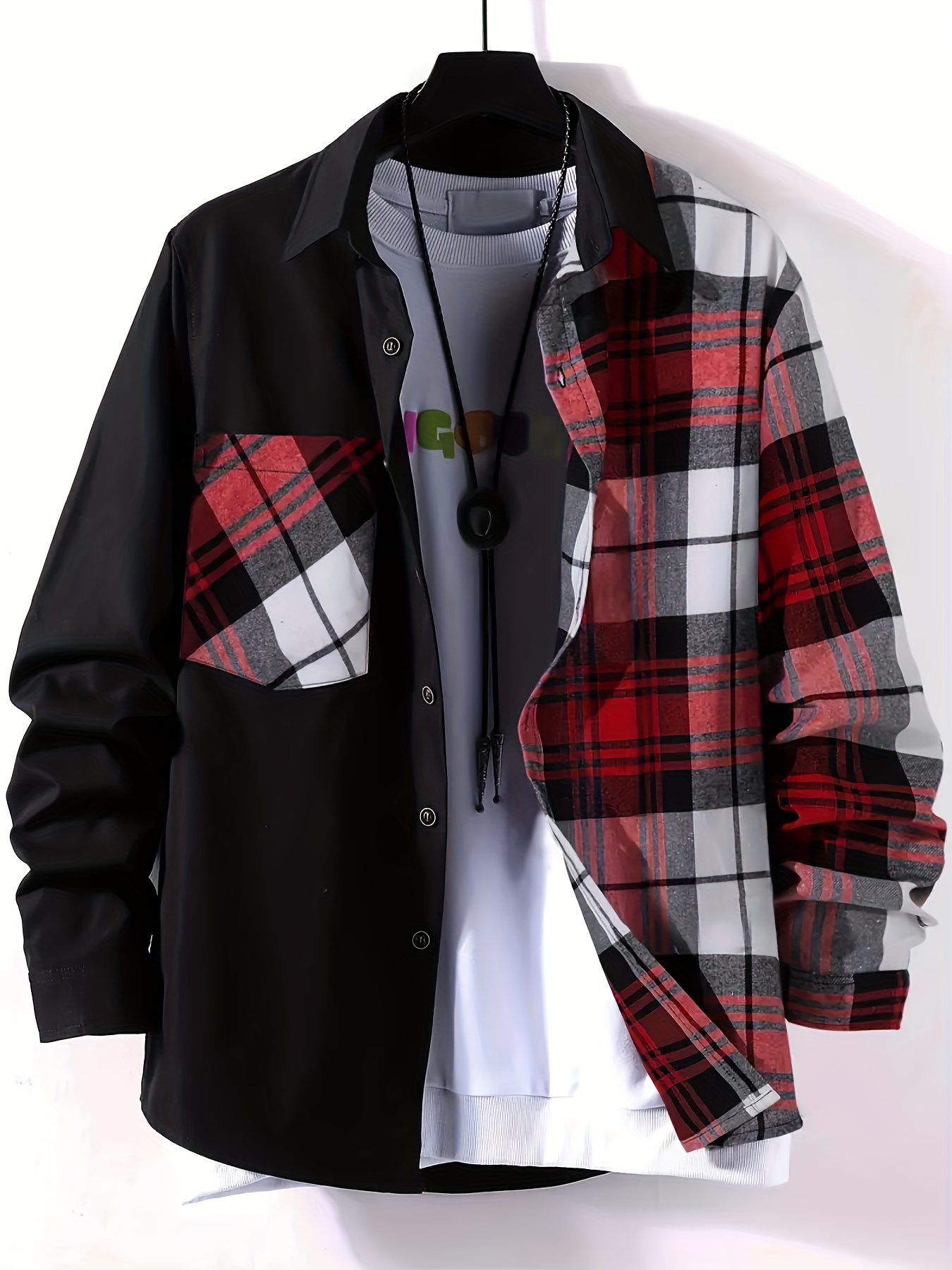 color block plaid jackets for men breast pockets snap button up lapel stylish coat jackets for men details 0