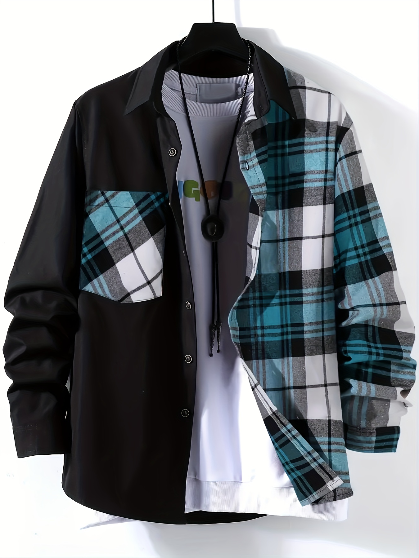 color block plaid jackets for men breast pockets snap button up lapel stylish coat jackets for men details 3