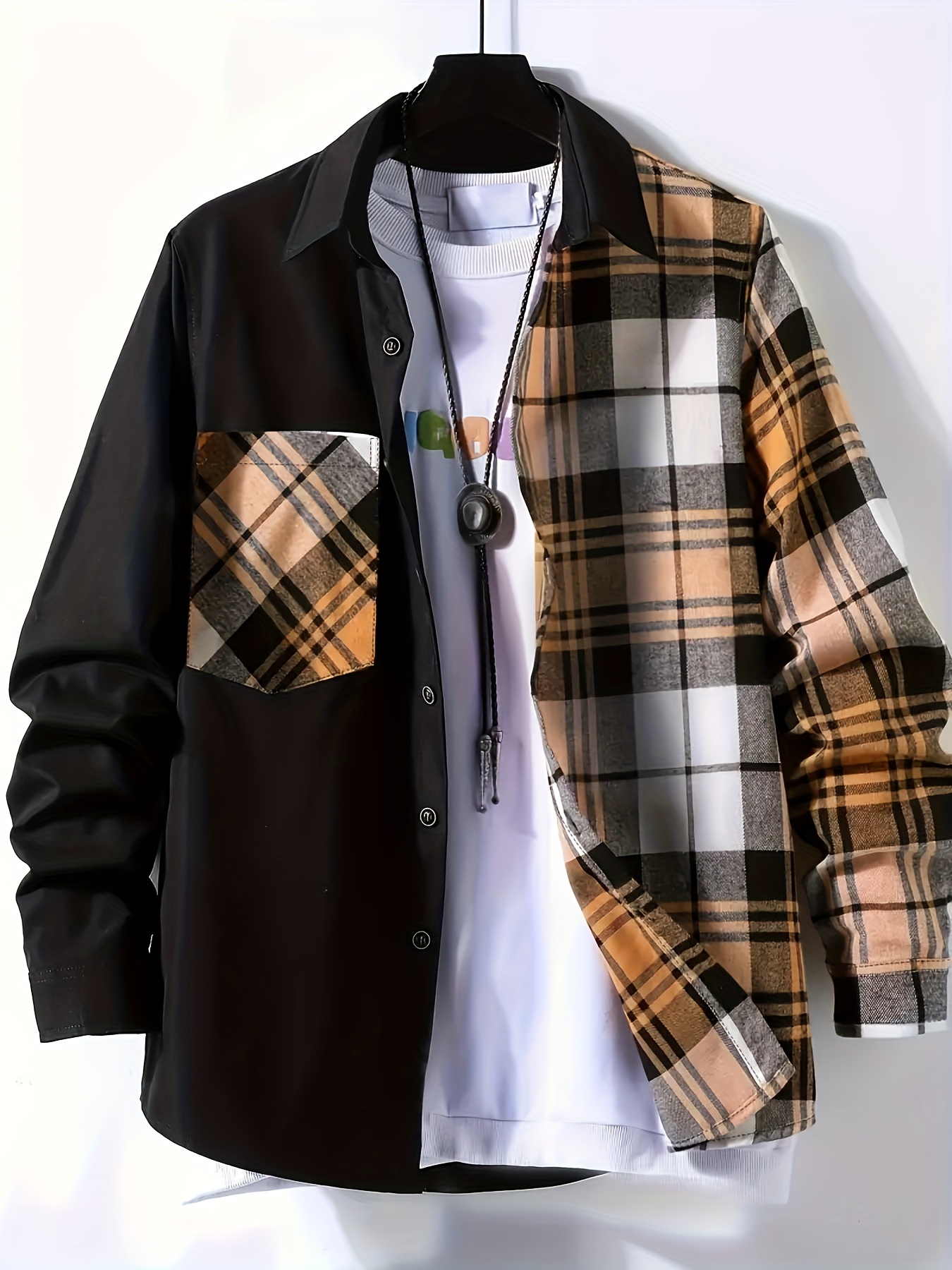 color block plaid jackets for men breast pockets snap button up lapel stylish coat jackets for men details 6