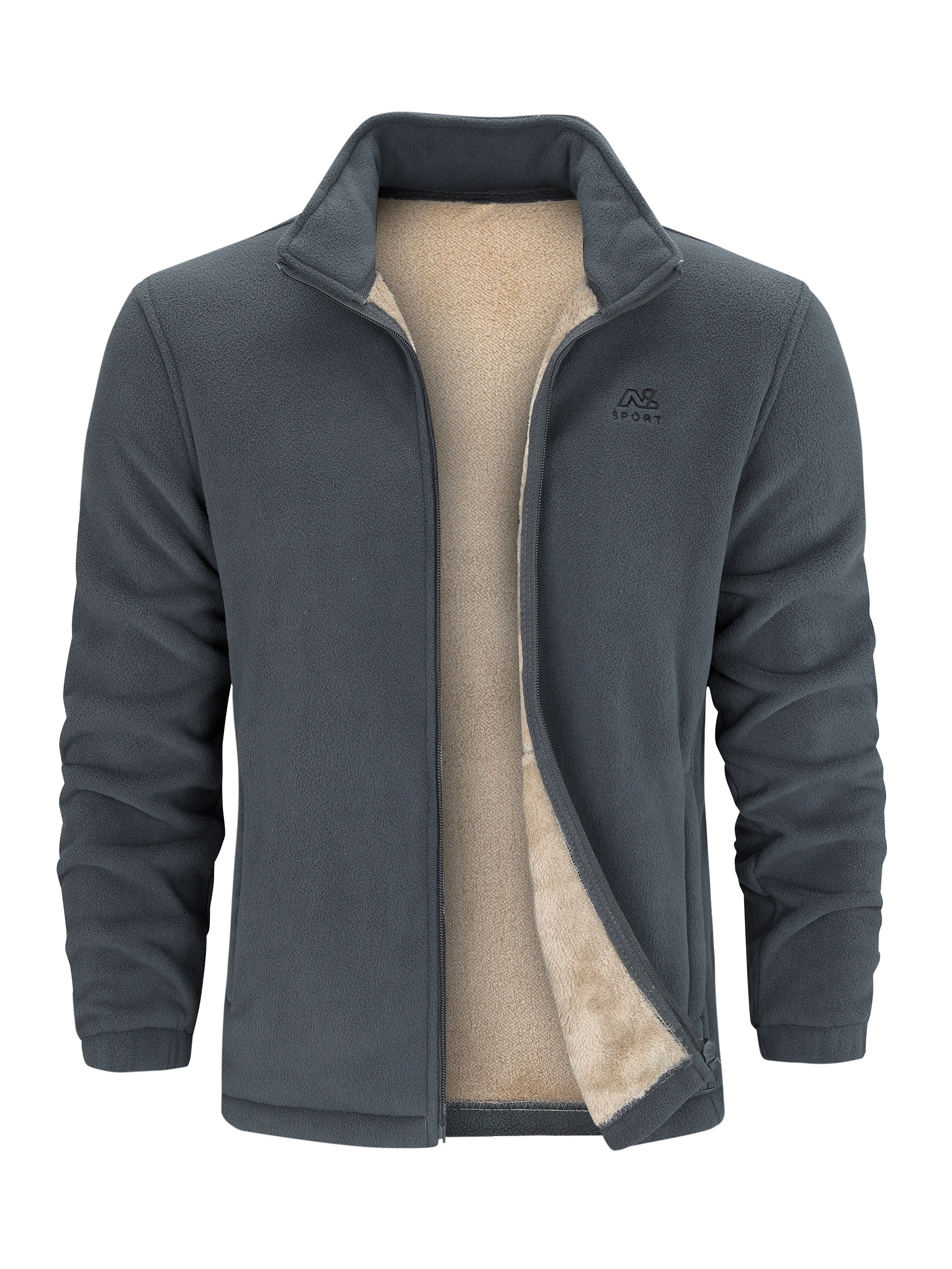 warm stand collar fleece jacket mens casual comfortable solid color zip up jacket coat for fall winter details 12