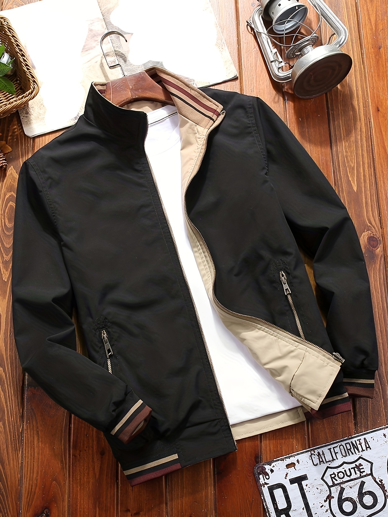 mens sports jacket coat lapel zipper pockets windproof ribbed cuff coat for daily wear details 0