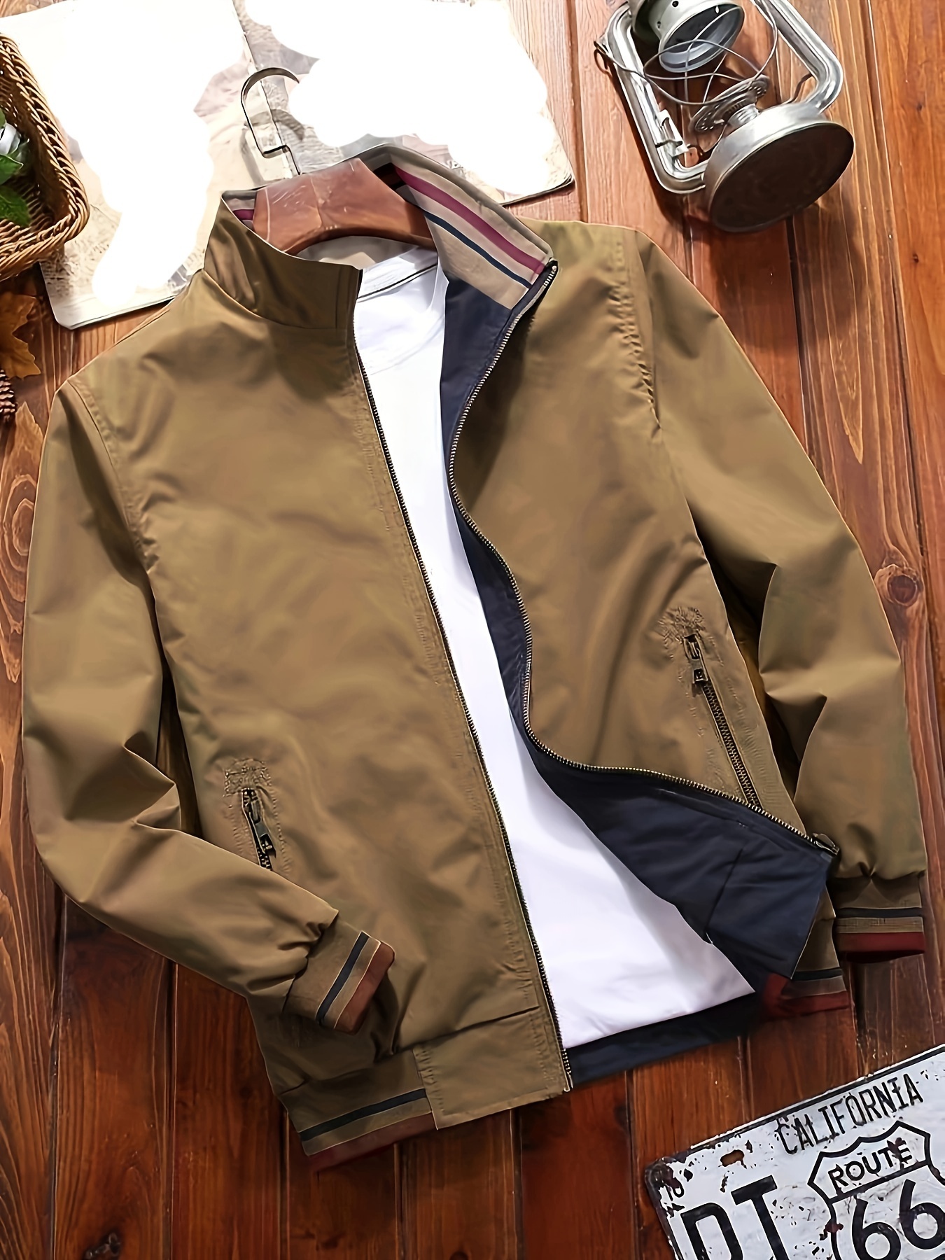 mens sports jacket coat lapel zipper pockets windproof ribbed cuff coat for daily wear details 5